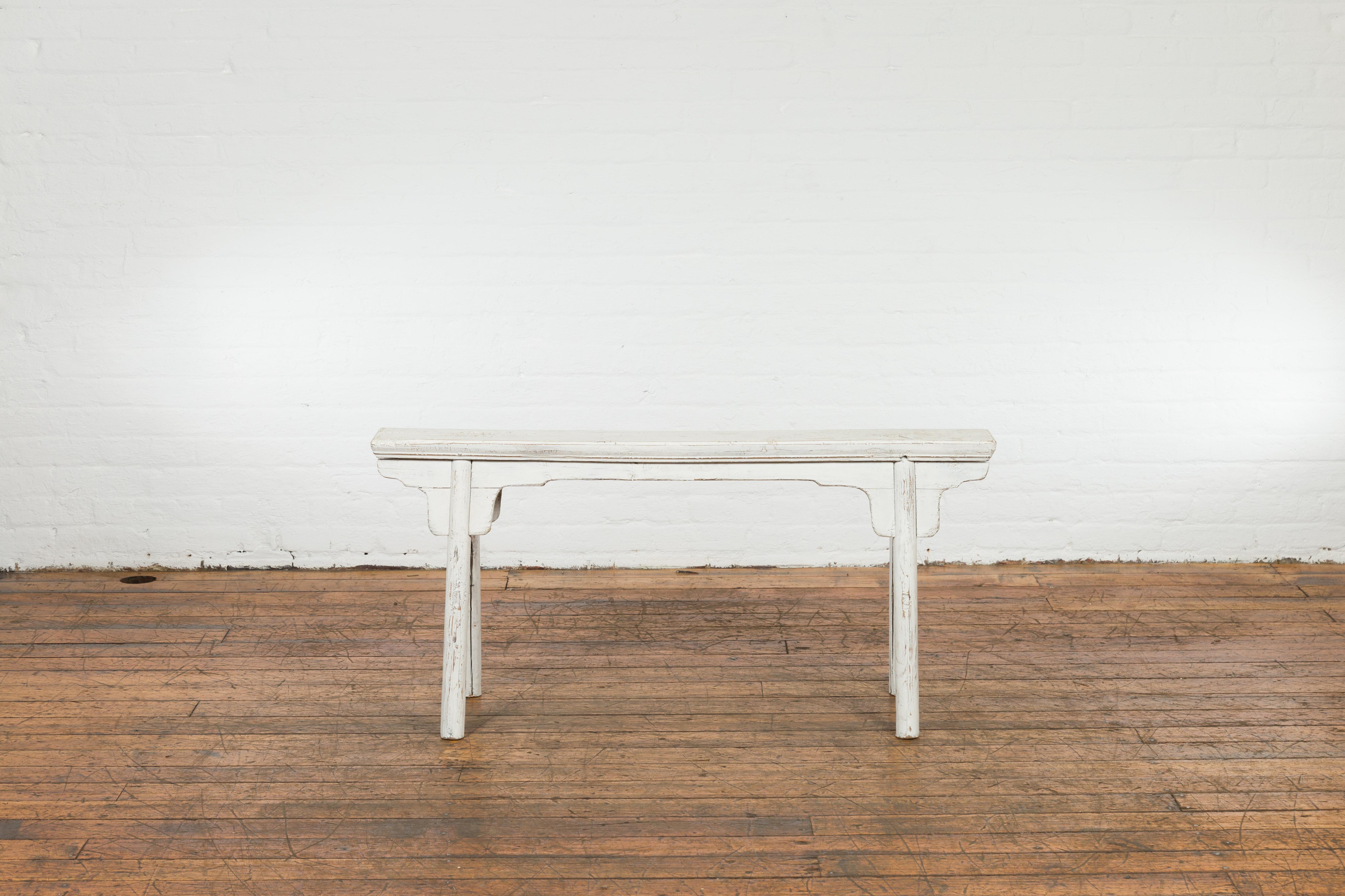 Carved White Painted Vintage Wooden Ming Style Bench with A-Form Base
