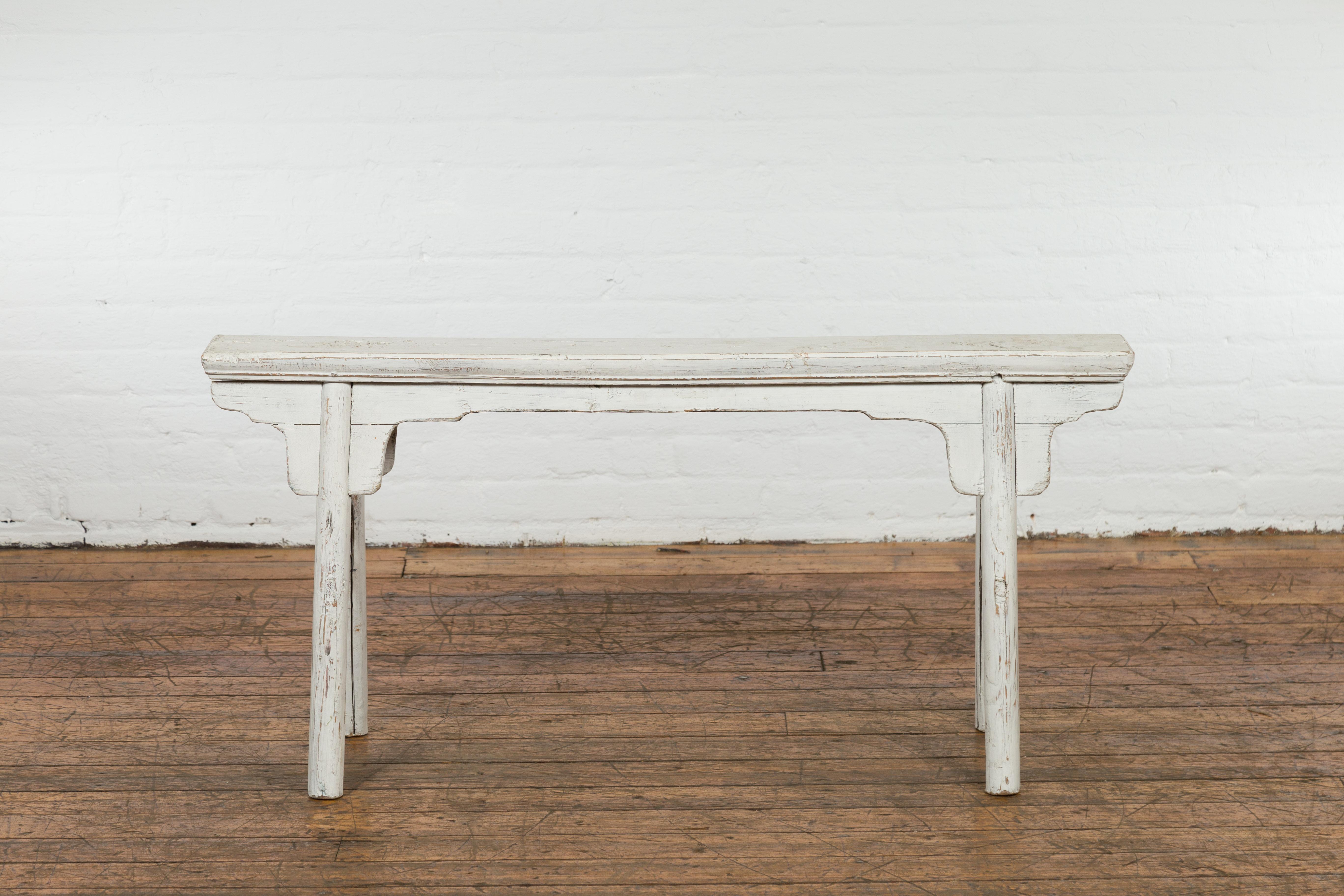 White Painted Vintage Wooden Ming Style Bench with A-Form Base In Good Condition In Yonkers, NY