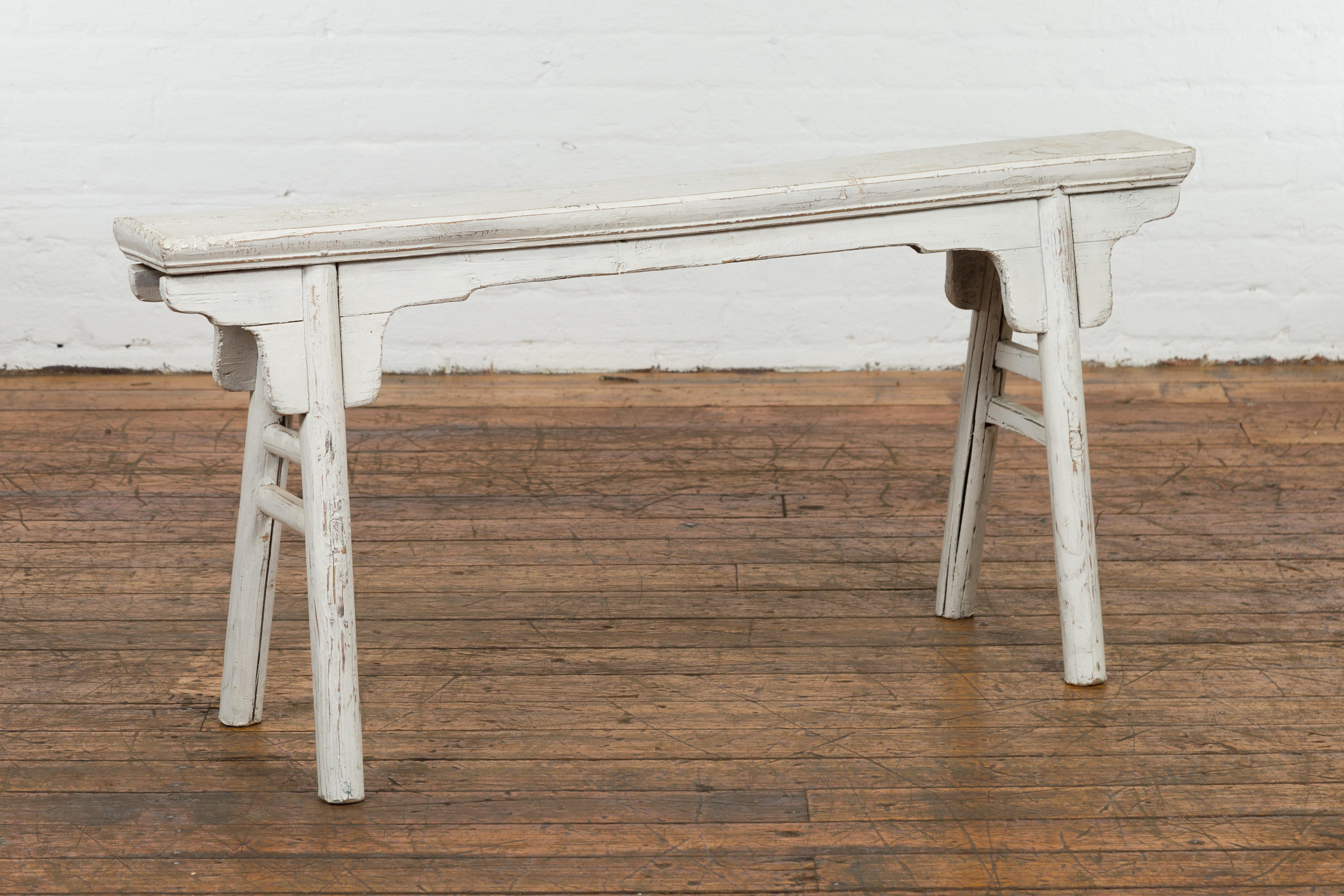 20th Century White Painted Vintage Wooden Ming Style Bench with A-Form Base