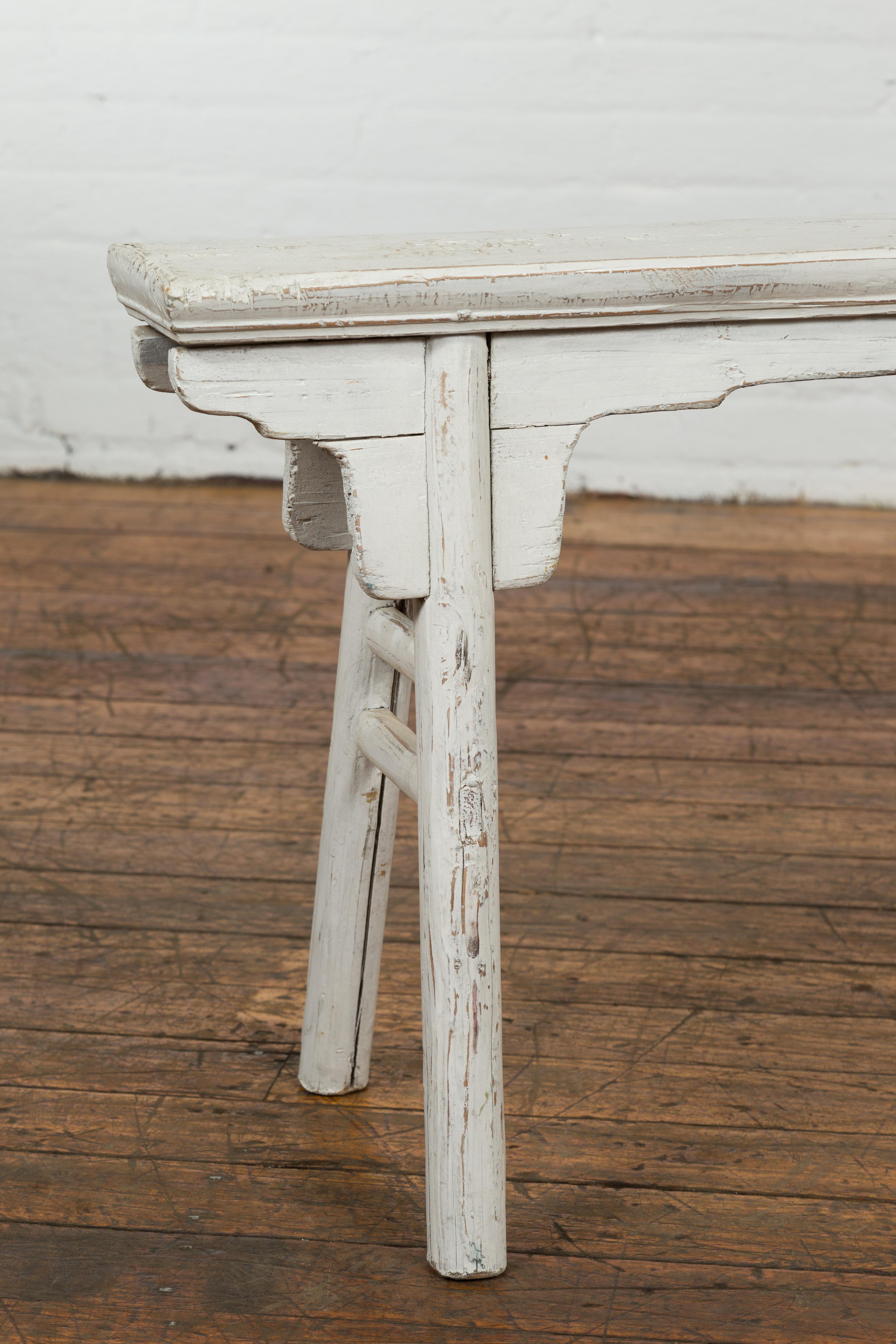 White Painted Vintage Wooden Ming Style Bench with A-Form Base 1