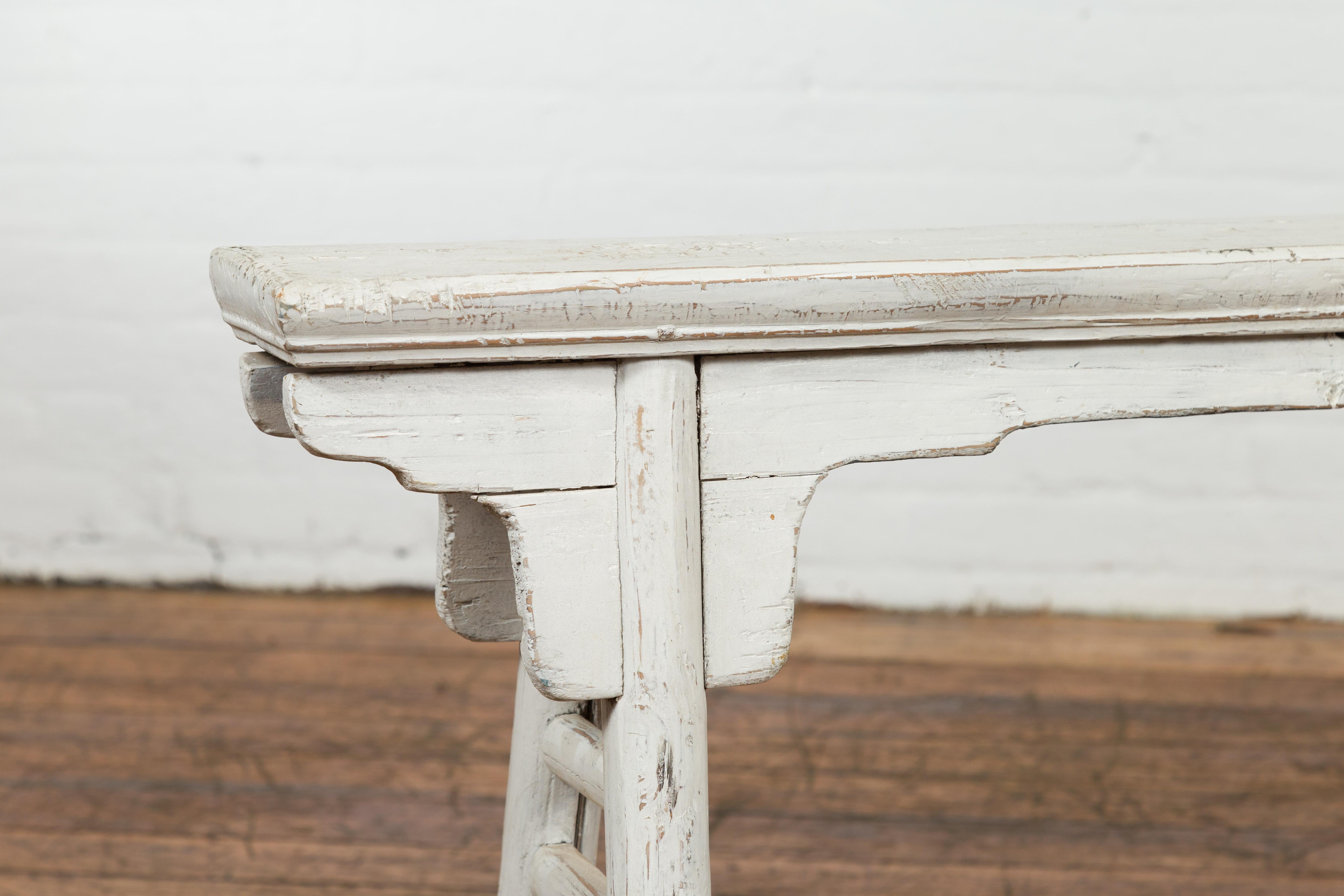 White Painted Vintage Wooden Ming Style Bench with A-Form Base 3