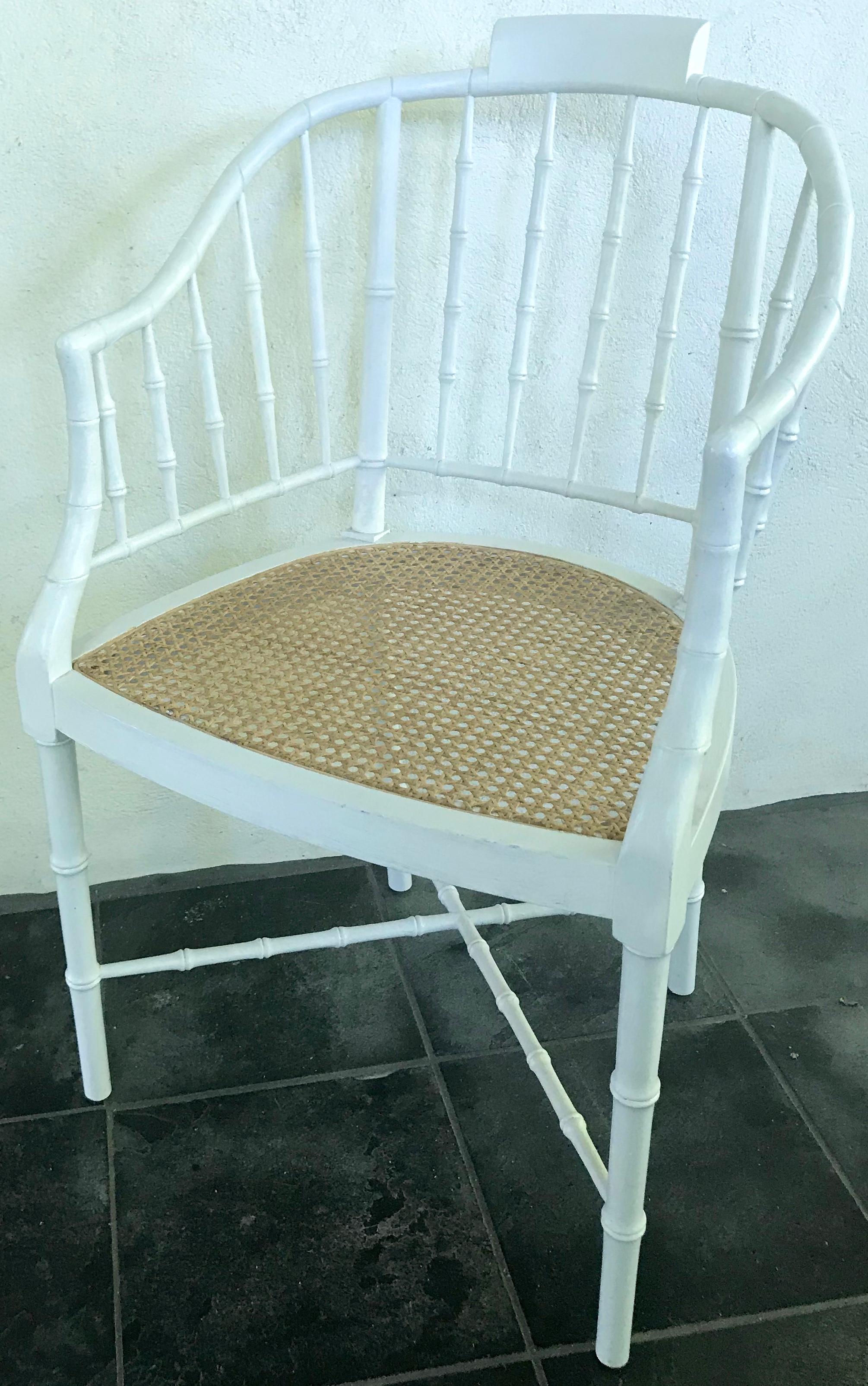 Hollywood Regency White Painted Faux Bamboo Armchair