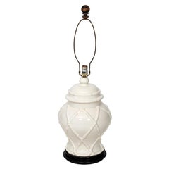 White Painted Faux Bamboo Hollywood Regency Ceramic Table Lamp