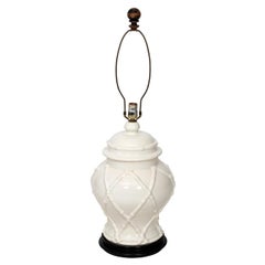 White Painted Faux Bamboo Hollywood Regency Ceramic Table Lamp