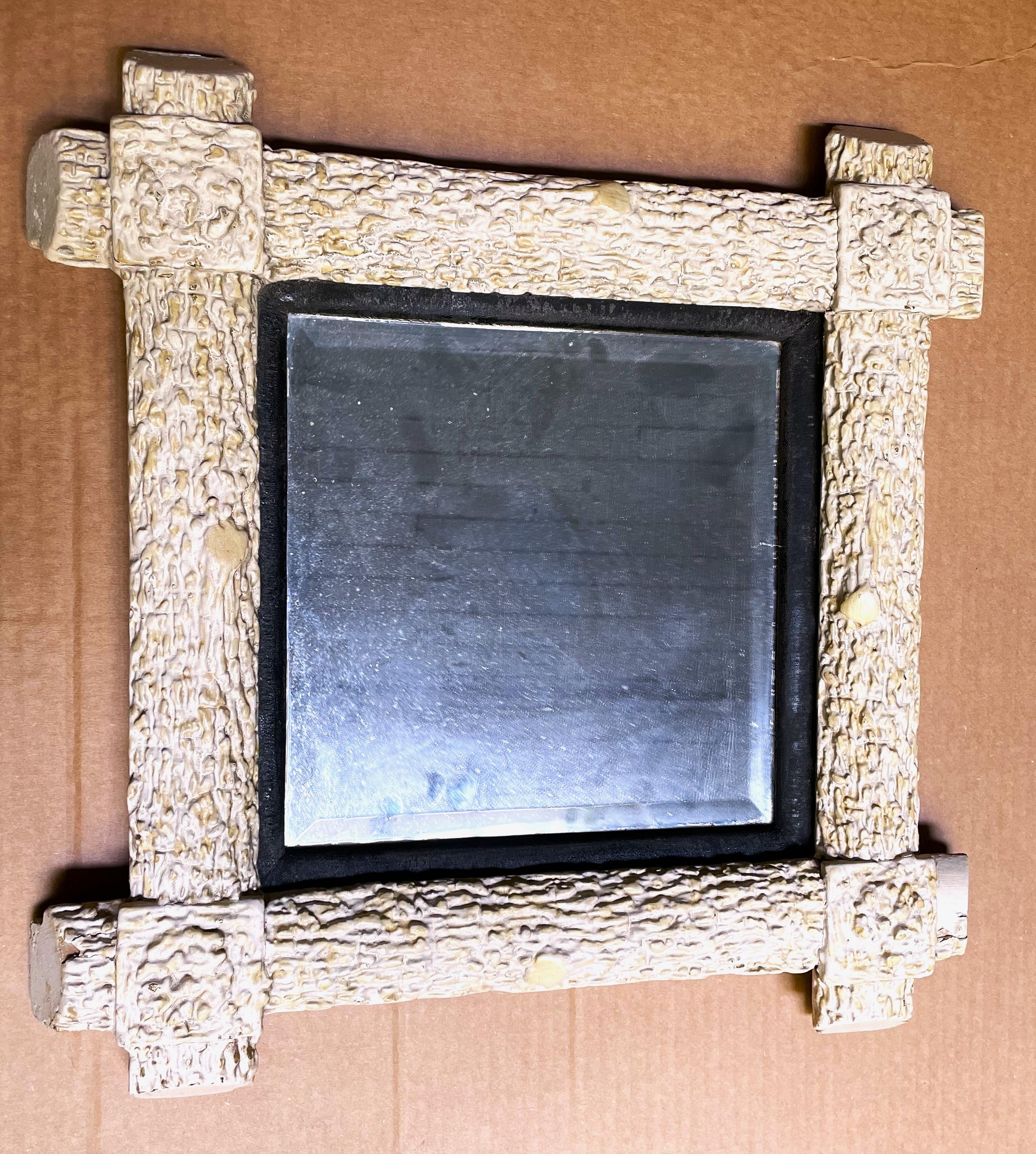 This is the sweetest 18 inch square wooden frame with a faux bois molded decoration. It would be fabulous in a rustic, Adirondack, shabby or white painted decor. The wonderful faux bois has been overpainted in the distant past with white, it may