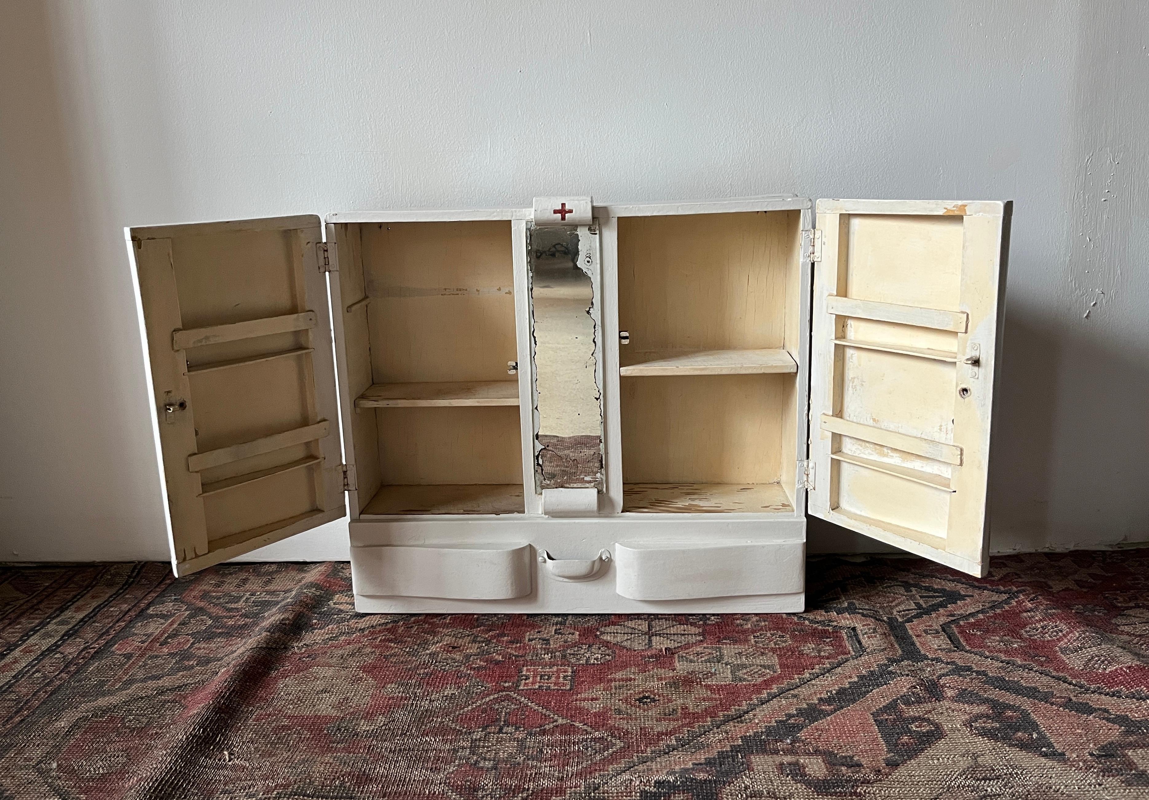 White Painted First Aid Wall-Hung Apothecary Medicine Cabinet In Fair Condition For Sale In Chicago, IL