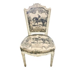 Antique White Painted French Side Chair, Equestrian Toile, 19th Century