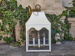 White Painted Metal Lantern with Glass Panels and Pagoda Top, USA Wired