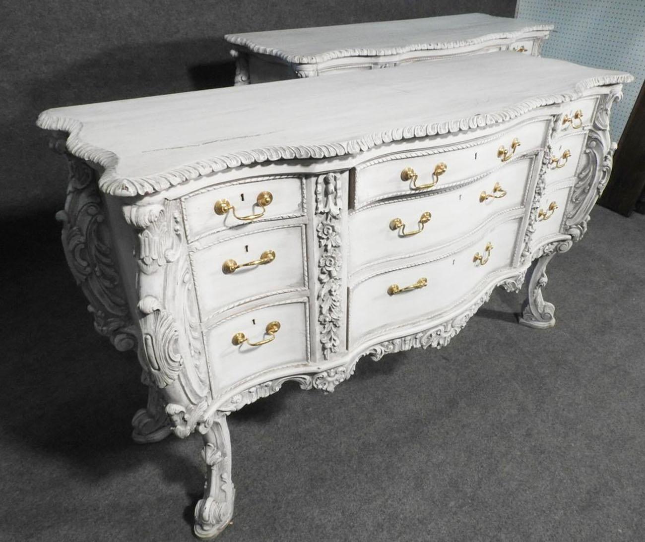 Mid-20th Century White Painted Pair of French Louis XV Style Sideboards Buffets Servers C1960