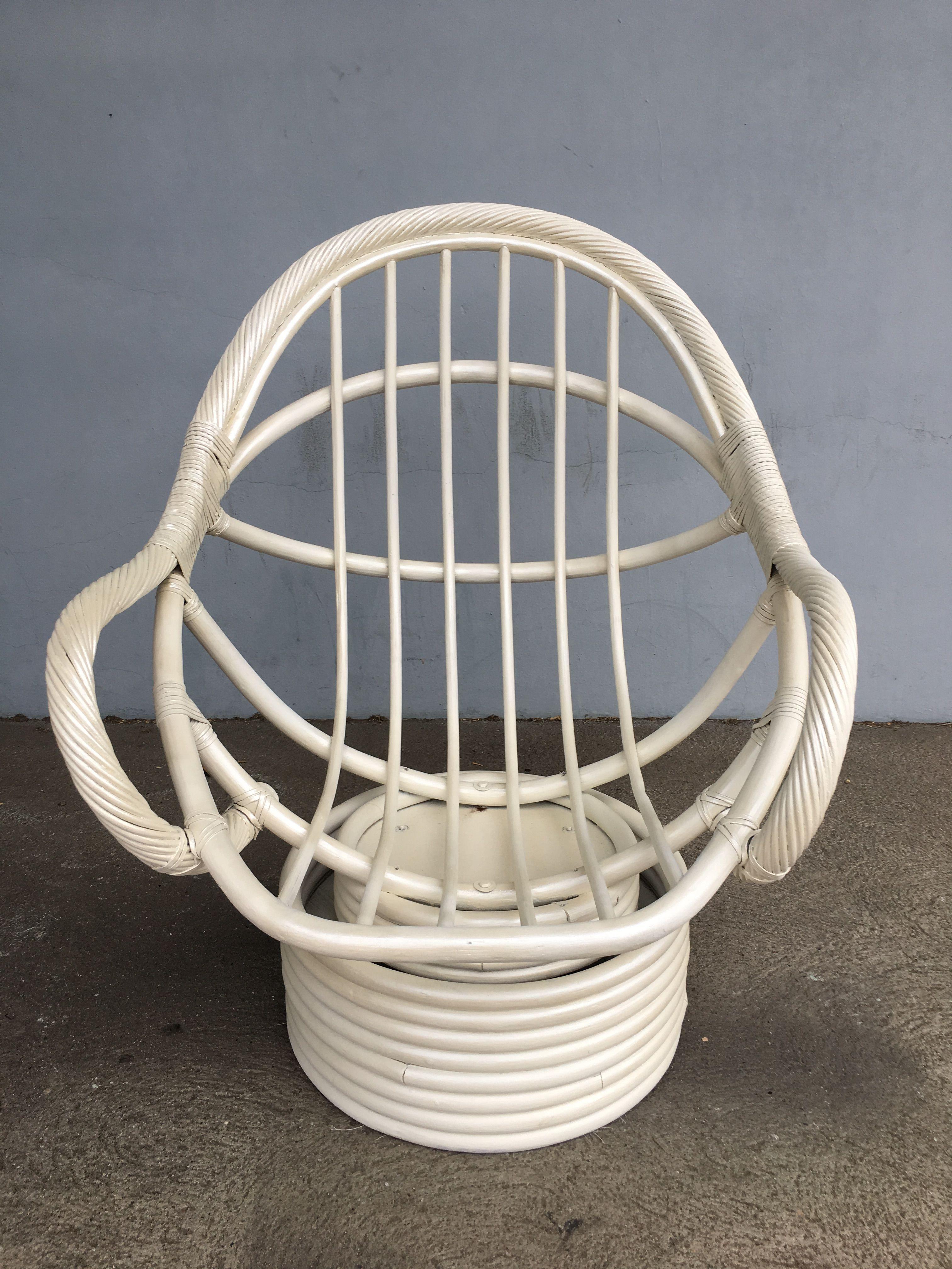 American White Painted Rattan Bucket Lounge Chair with Swivel Base