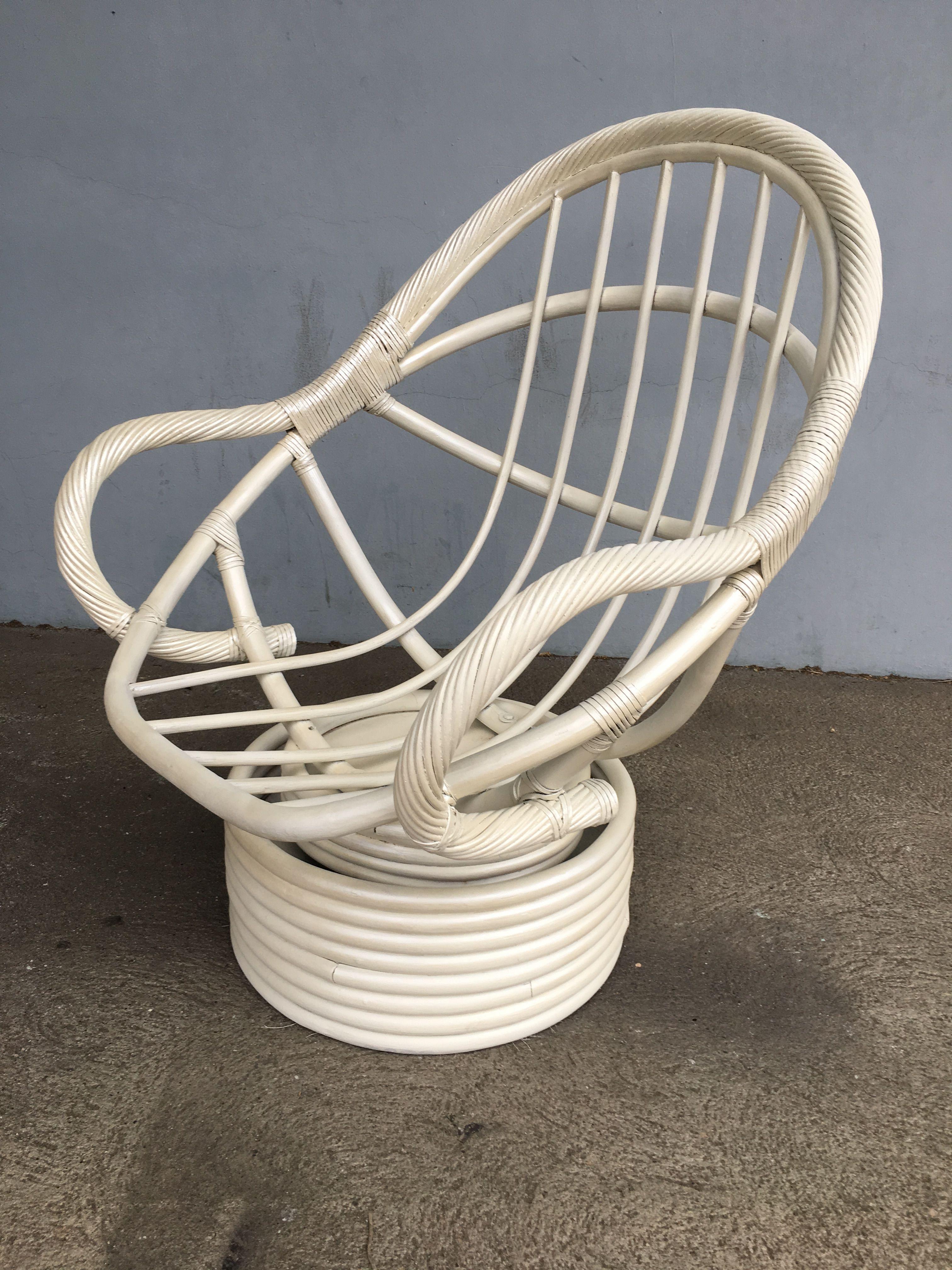 White Painted Rattan Bucket Lounge Chair with Swivel Base In Excellent Condition In Van Nuys, CA