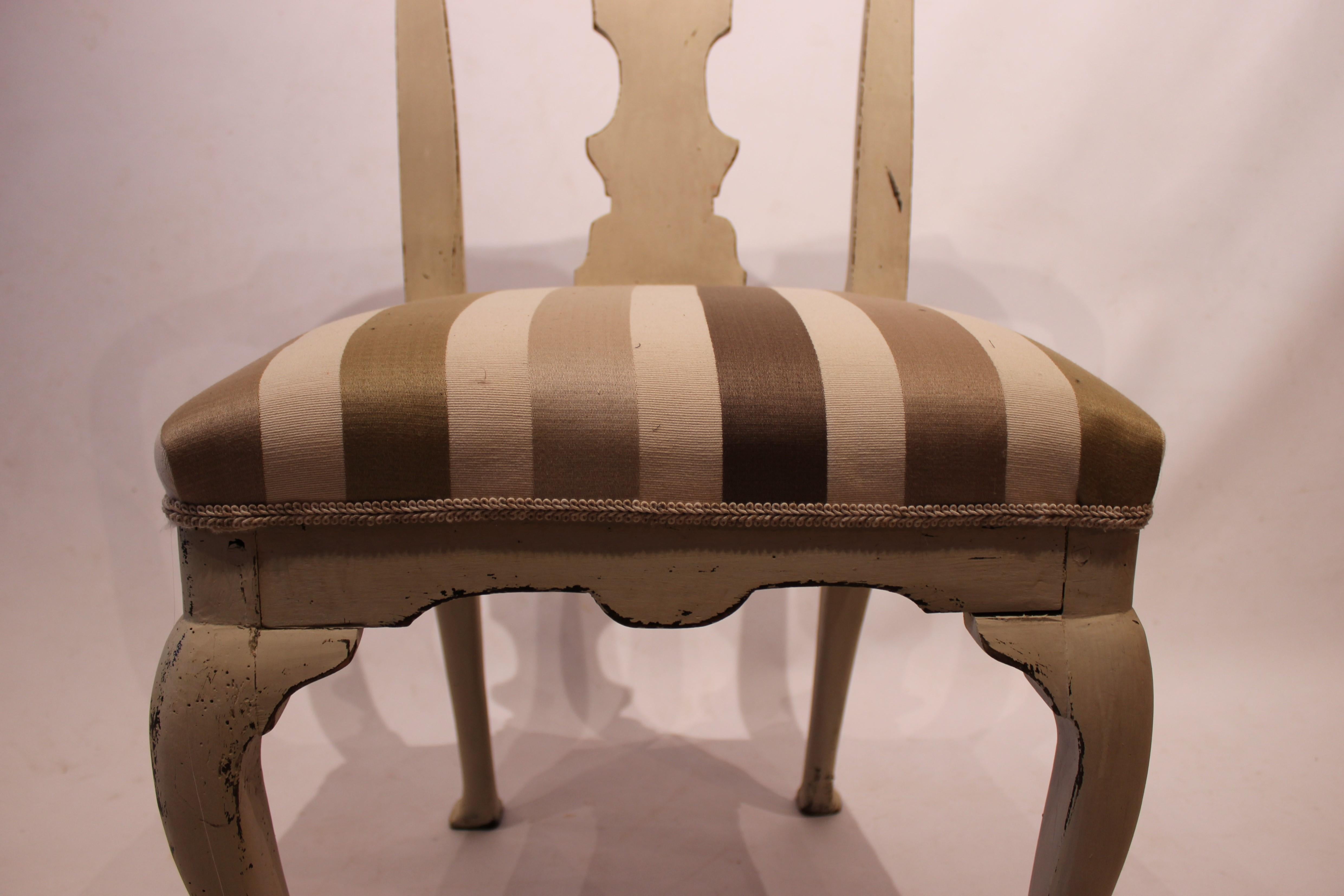 Danish White Painted Rococo Dining Chair with Striped Upholstery from the 1760s For Sale