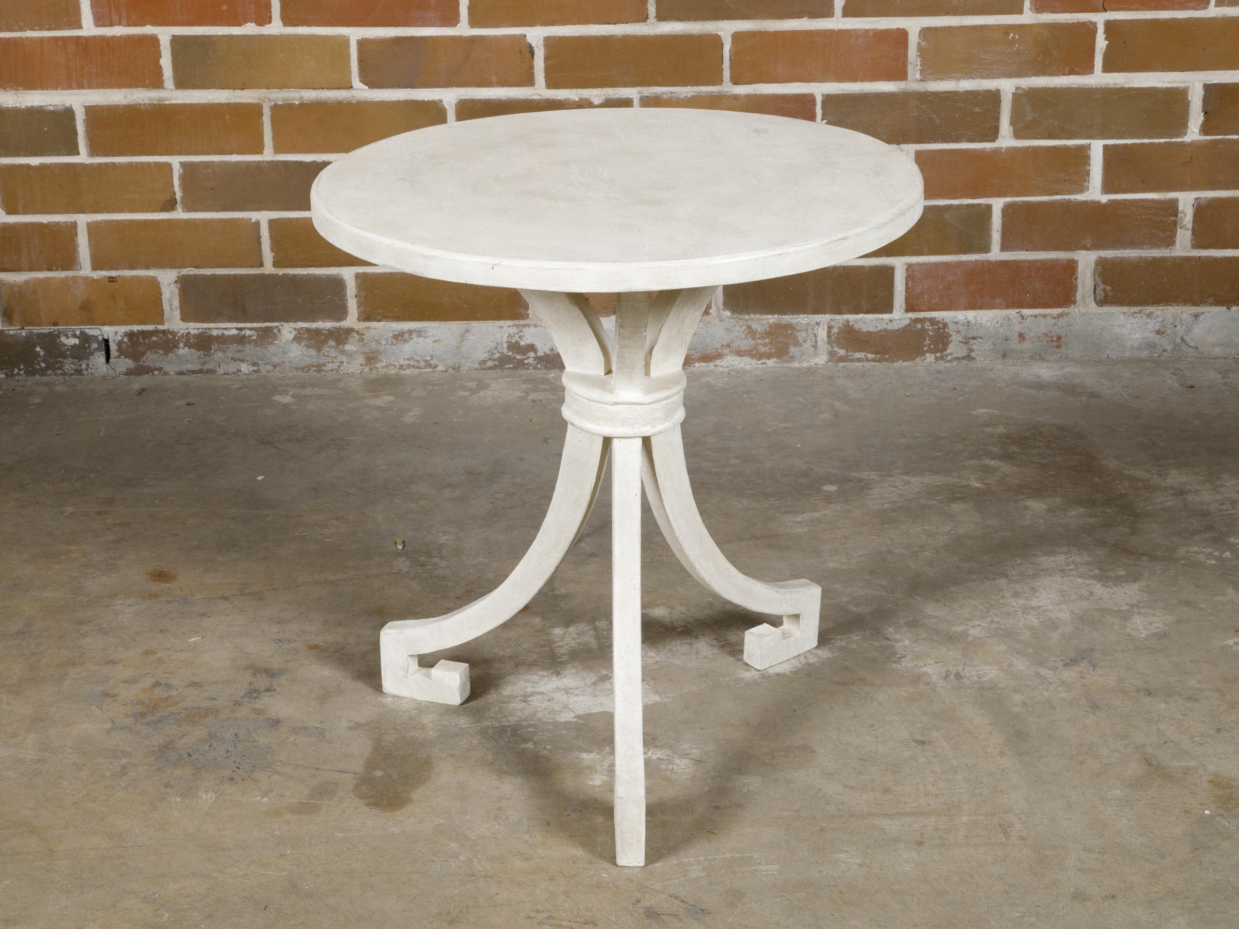 Wood White Painted Round Top Italian Side Table with Tripod Scrolling Legs, Vintage For Sale