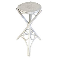 Used White Painted Round Wicker Side Table