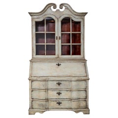 White-Painted Secretary Desk with Glazed Cabinet, 18th Century