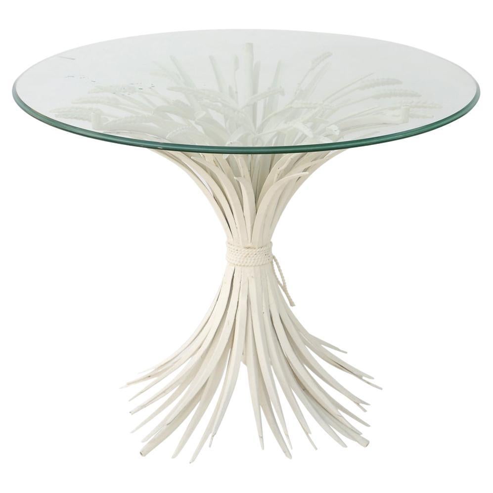 White Painted Sheaf of Wheat Accent Table with Round Glass Top