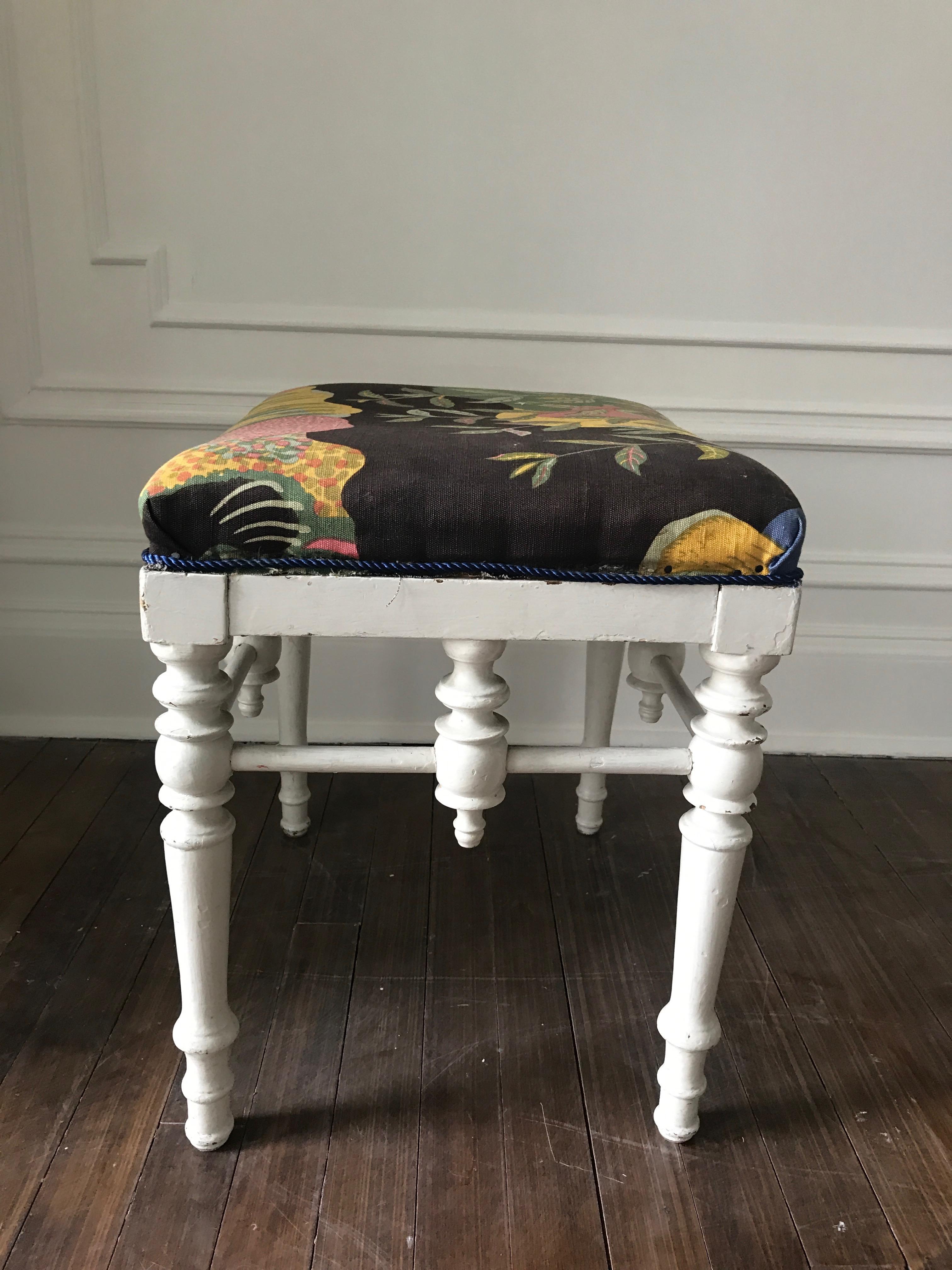 White Painted Stool, Josef Frank Upholstery In Good Condition For Sale In New York, NY