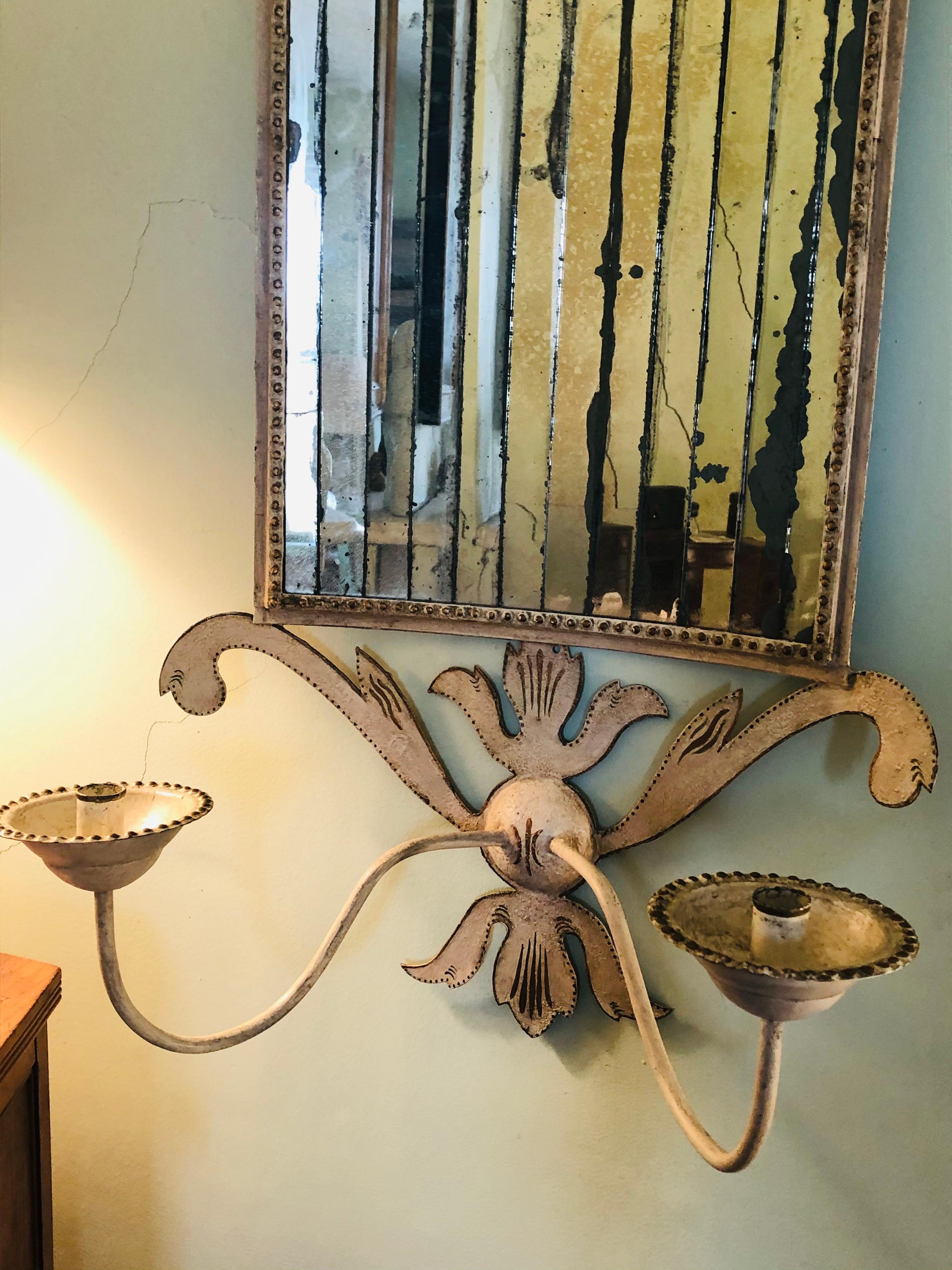 Mid-Century Modern Tole and Mirrored White Painted Two-Light Sconce For Sale