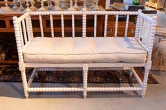 White Painted Turned Wood Bobbin Bench with Upholstered Cushion
