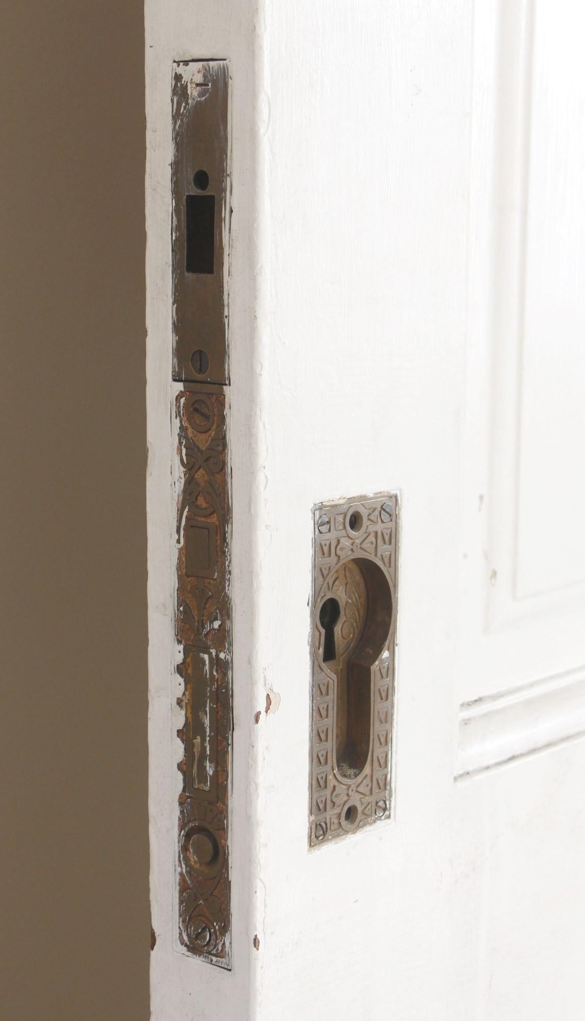 American White Painted Vertical 5-Panel Hardwood Pocket Door w/ Orig. Hardware