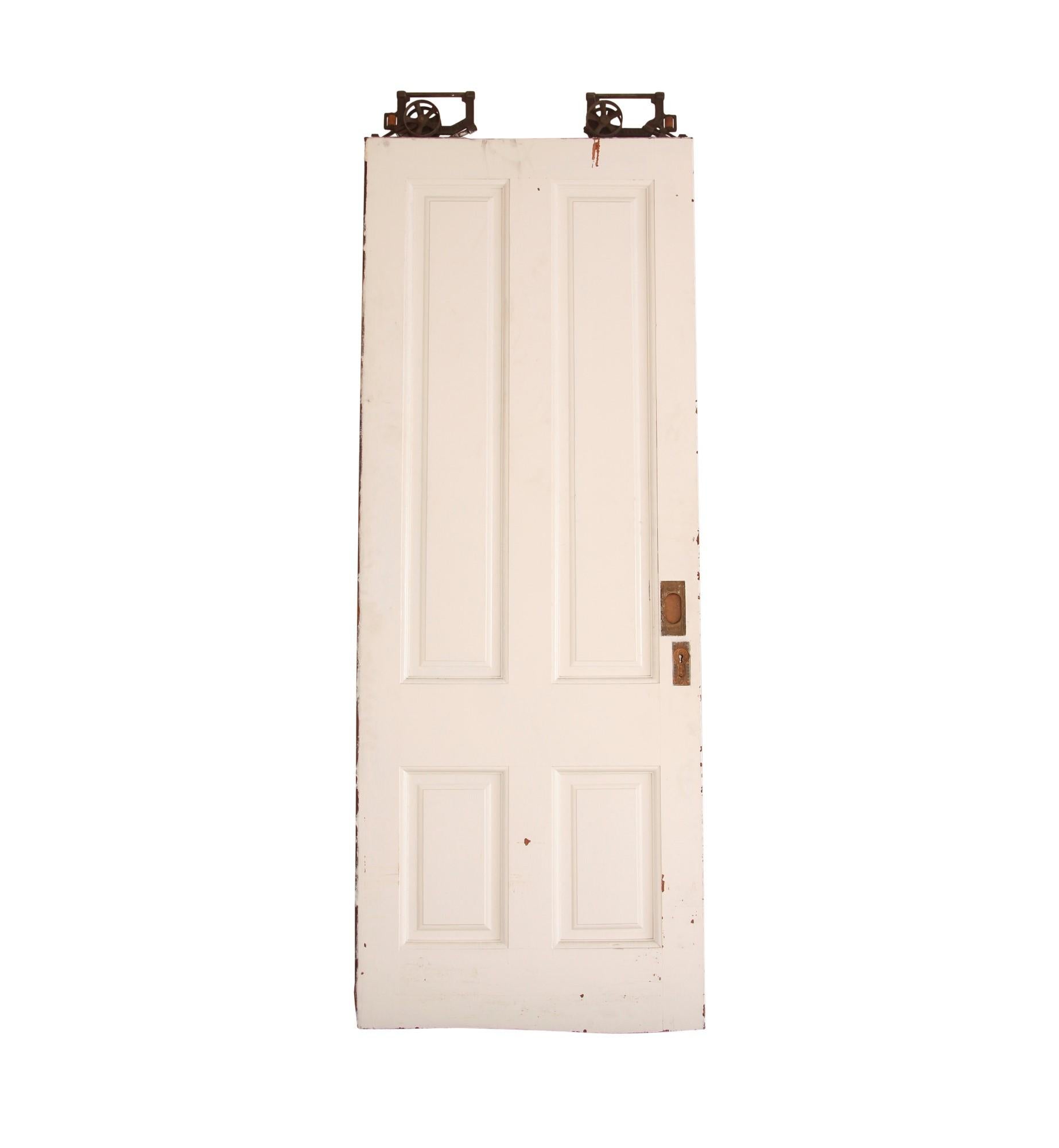 White Painted Vertical 5-Panel Hardwood Pocket Door w/ Orig. Hardware In Good Condition In New York, NY