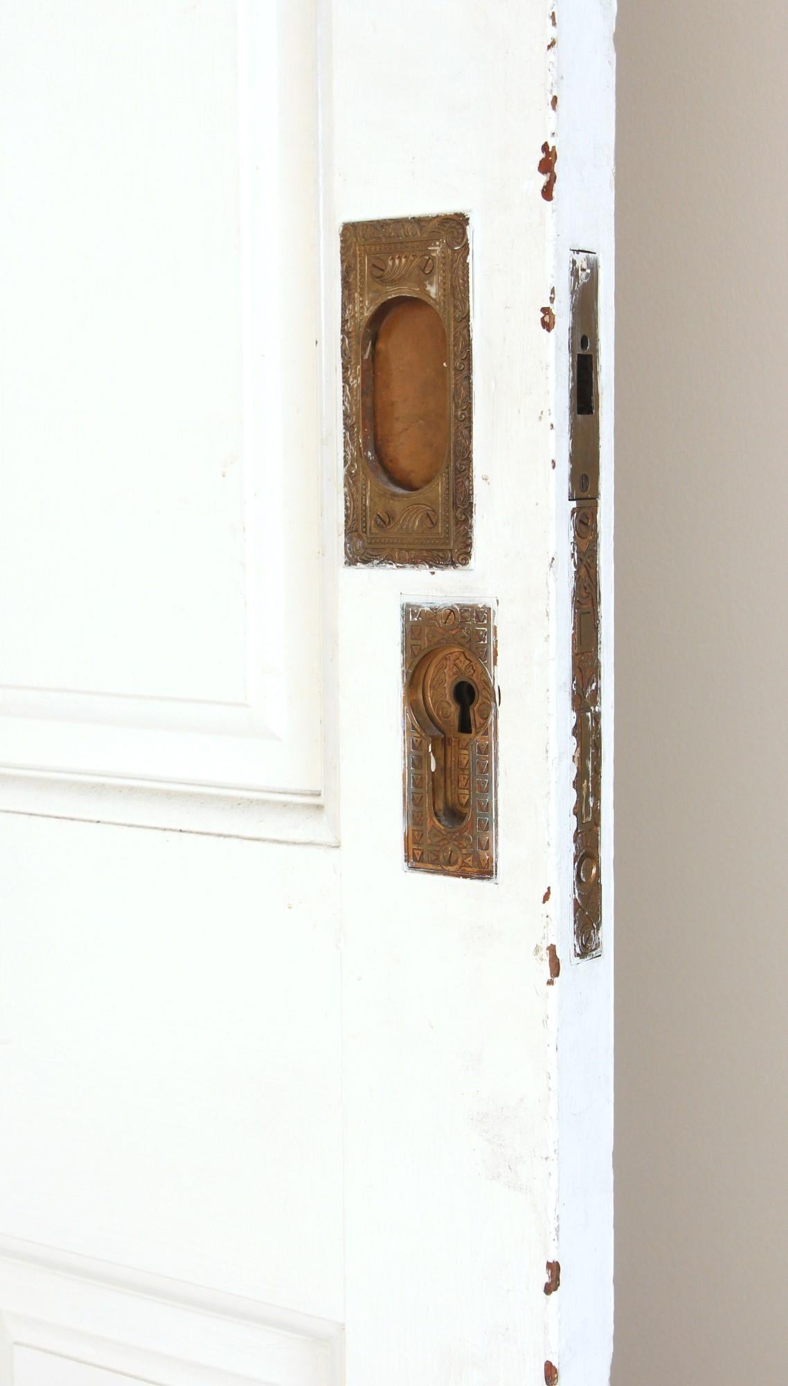 19th Century White Painted Vertical 5-Panel Hardwood Pocket Door w/ Orig. Hardware