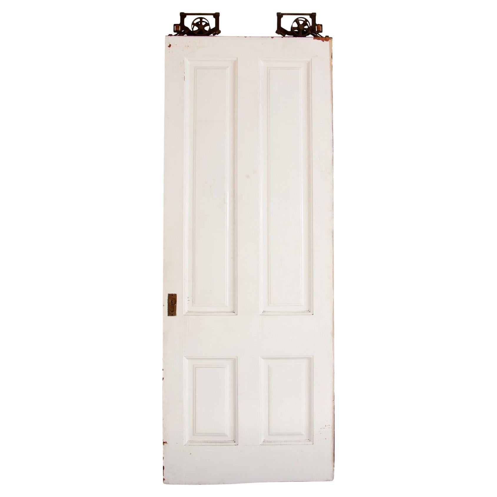 White Painted Vertical 5-Panel Hardwood Pocket Door w/ Orig. Hardware