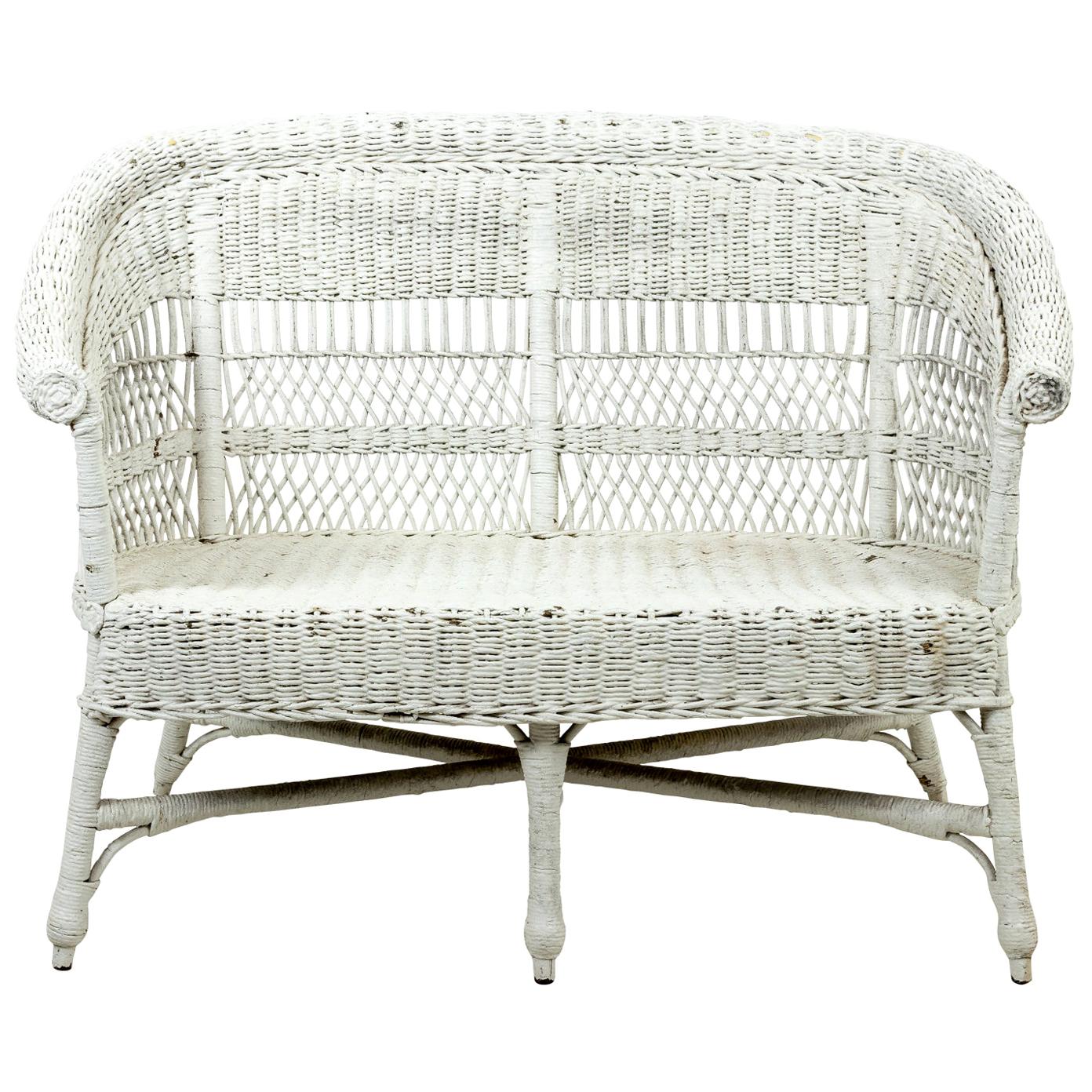 White Painted Wicker Settee For Sale