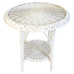 Antique White Painted Wicker Side Table
