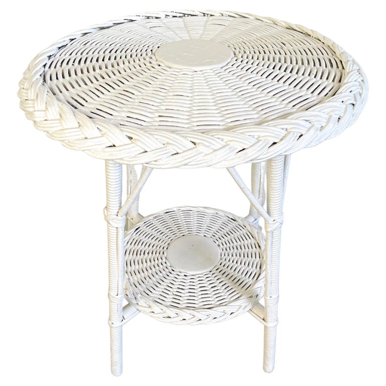White Painted Wicker Side Table For Sale at 1stDibs