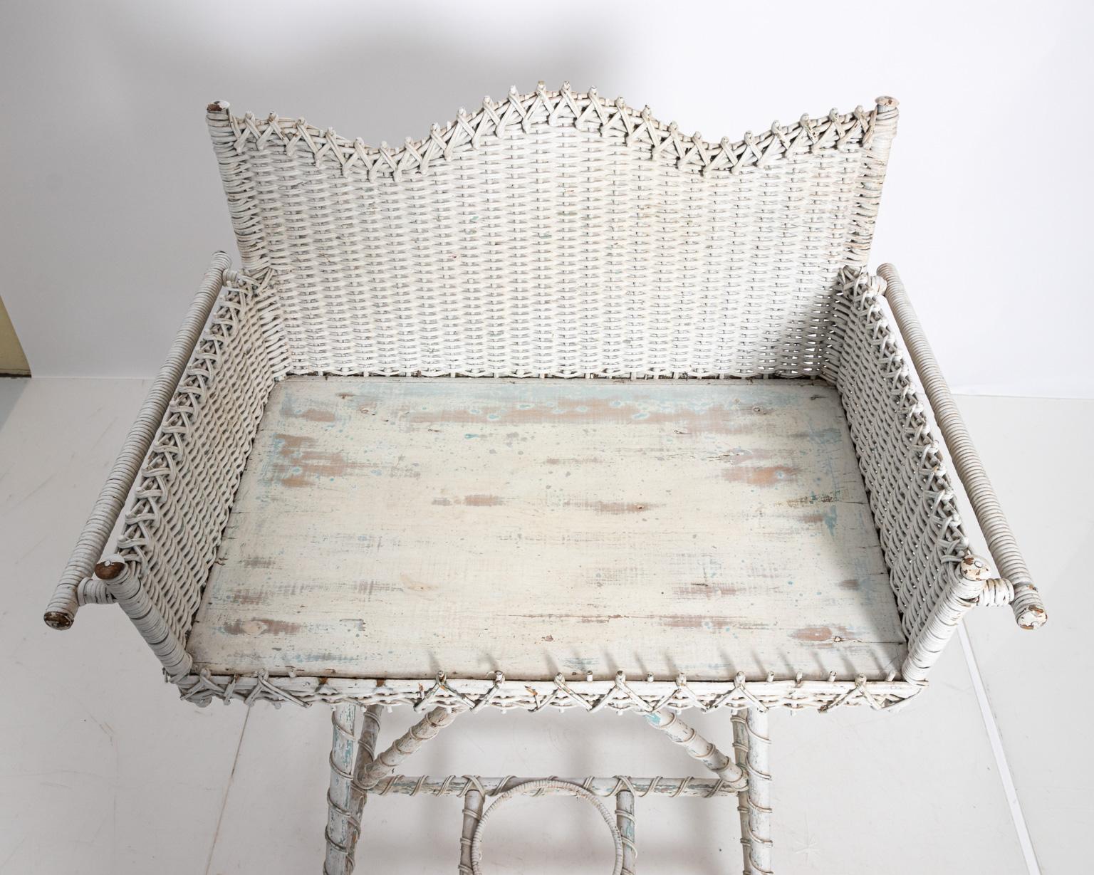 Woven White Painted Wicker Washstand For Sale