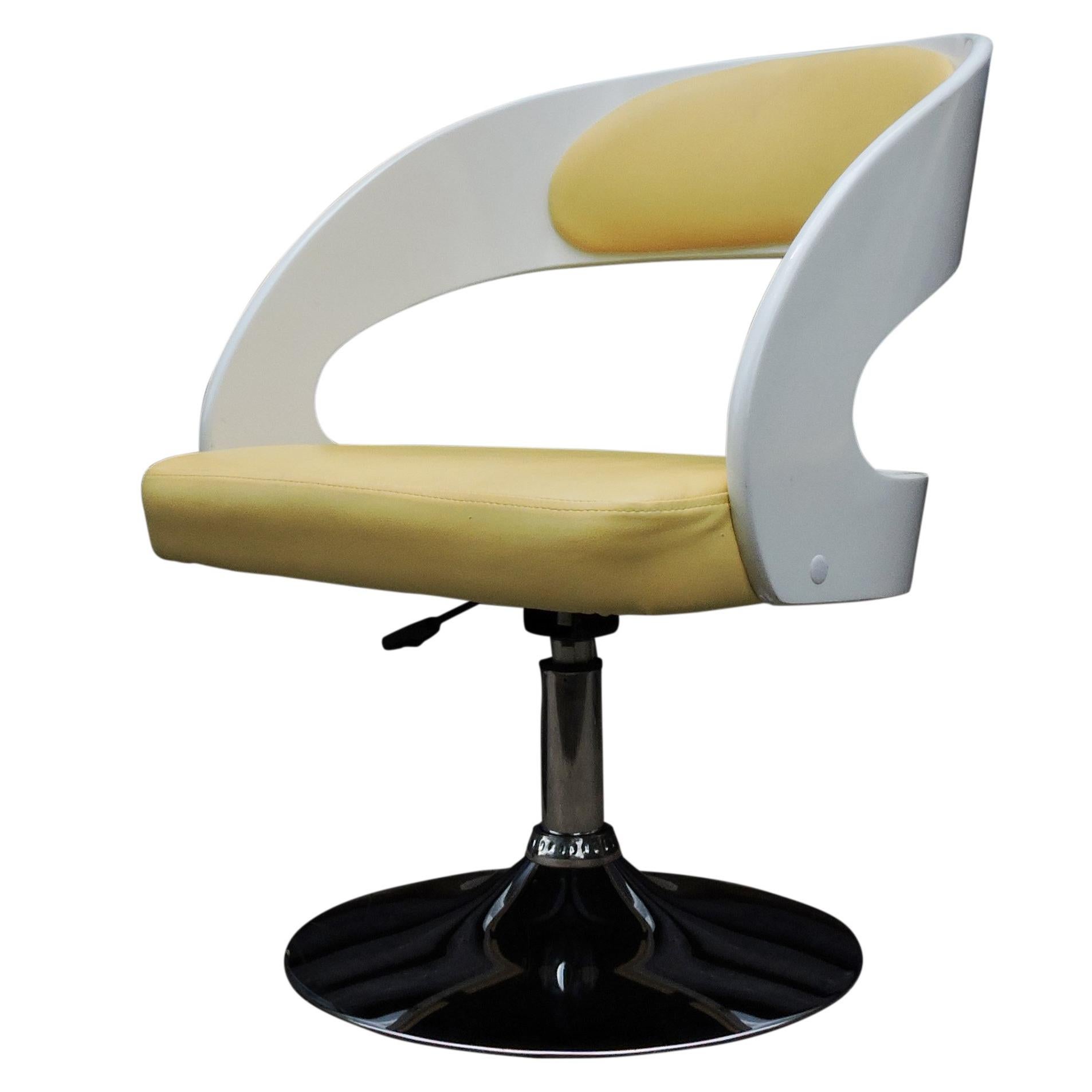 White-Painted Wooden Salon Chairs with Yellow Faux Hide Covers, Set of Four