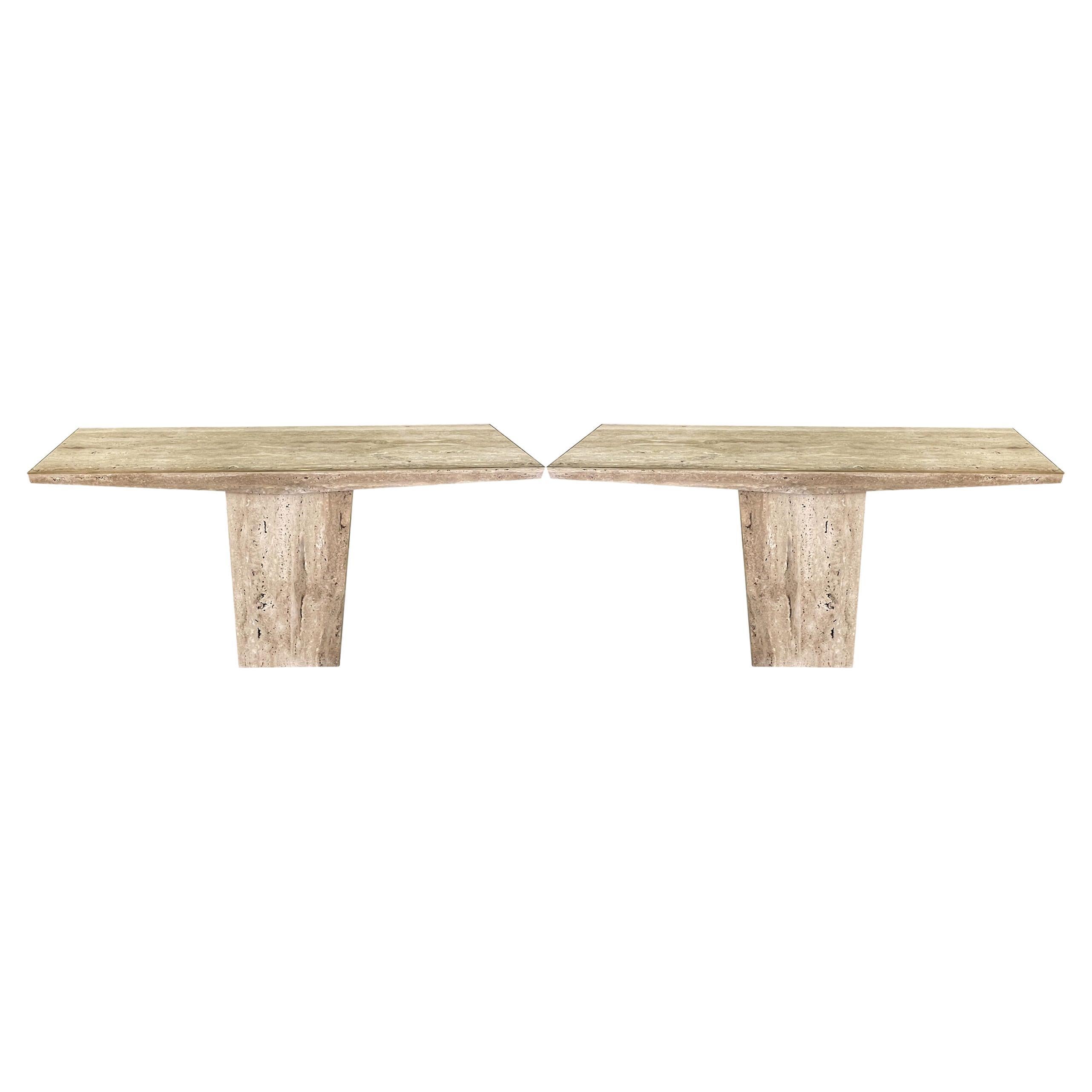 White Pair Honed and Unfilled Travertine Console Tables, Italy, Mid Century
