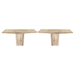 White Pair Honed and Unfilled Travertine Console Tables, Italy, Mid Century