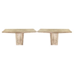 White Pair Honed and Unfilled Travertine Console Tables, Italy, Mid Century