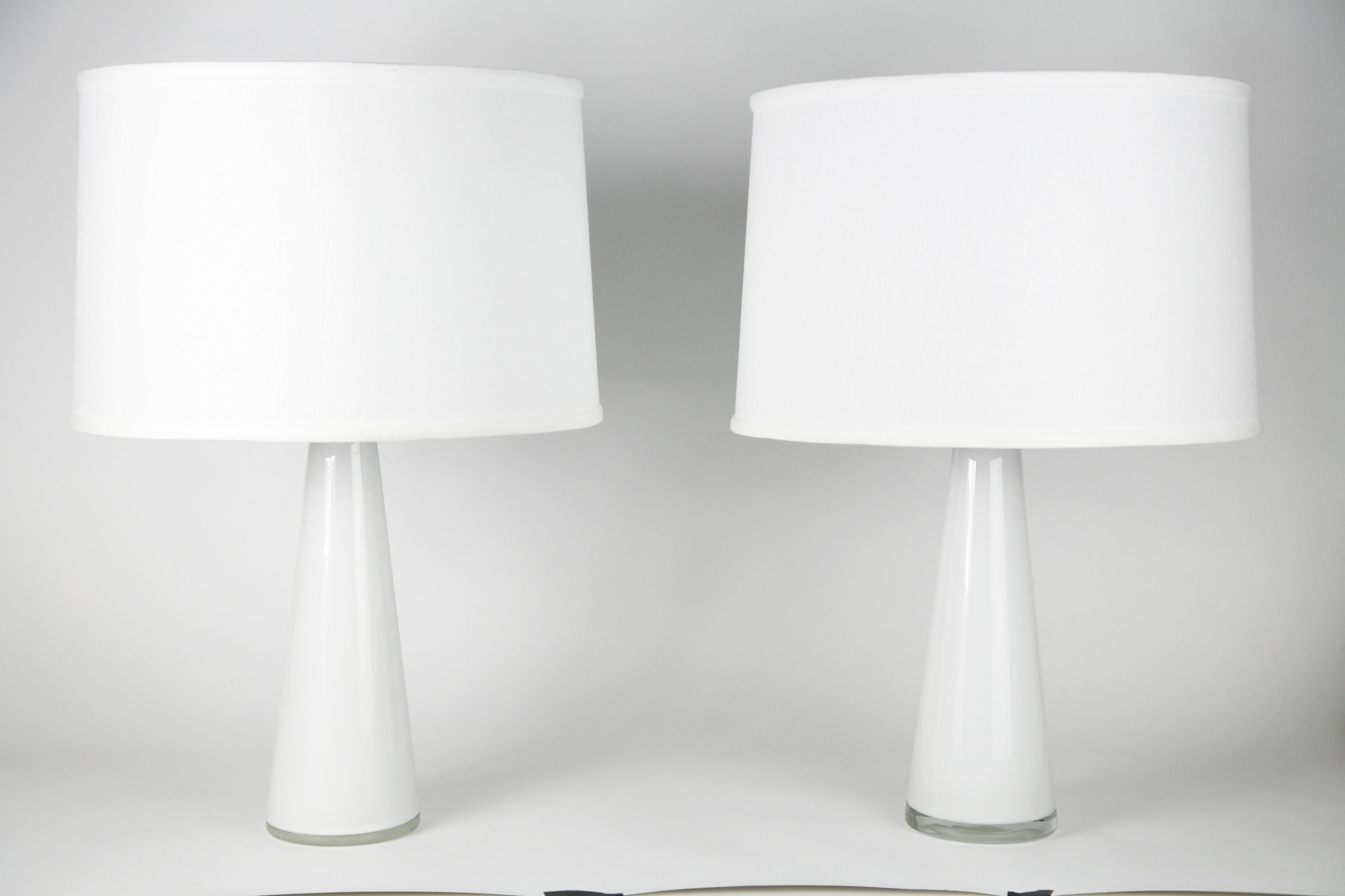 Mid-Century Modern White Pair of Conical Shaped Swedish Orrefors Glass Lamps, Sweden, 1960s For Sale