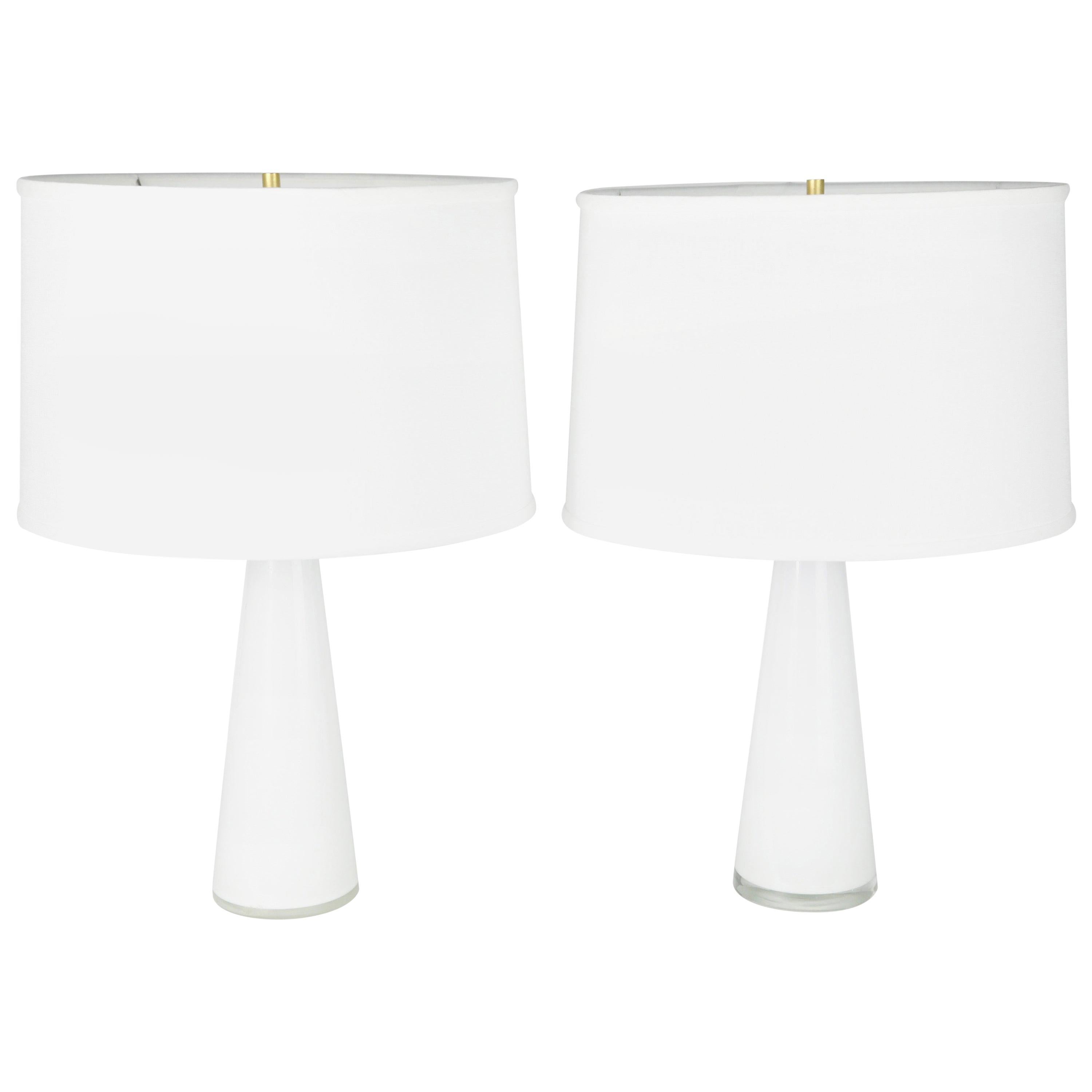 White Pair of Conical Shaped Swedish Orrefors Glass Lamps, Sweden, 1960s