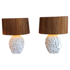 White Pair of Rounded Shape Plaster Lamps, France, Contemporary