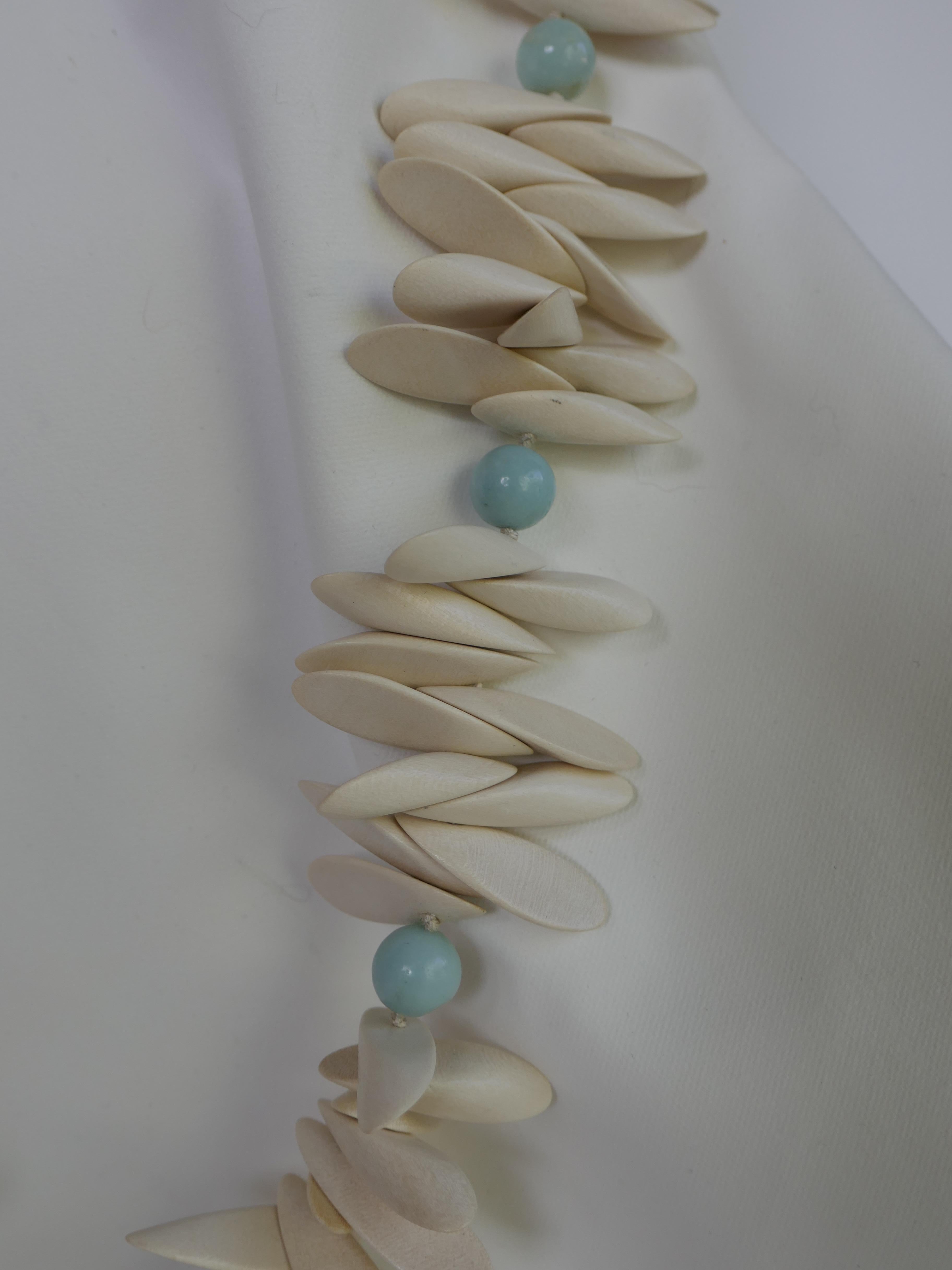 Contemporary White Panto Wood and Amazonite 925 Sterling Silver Necklace For Sale