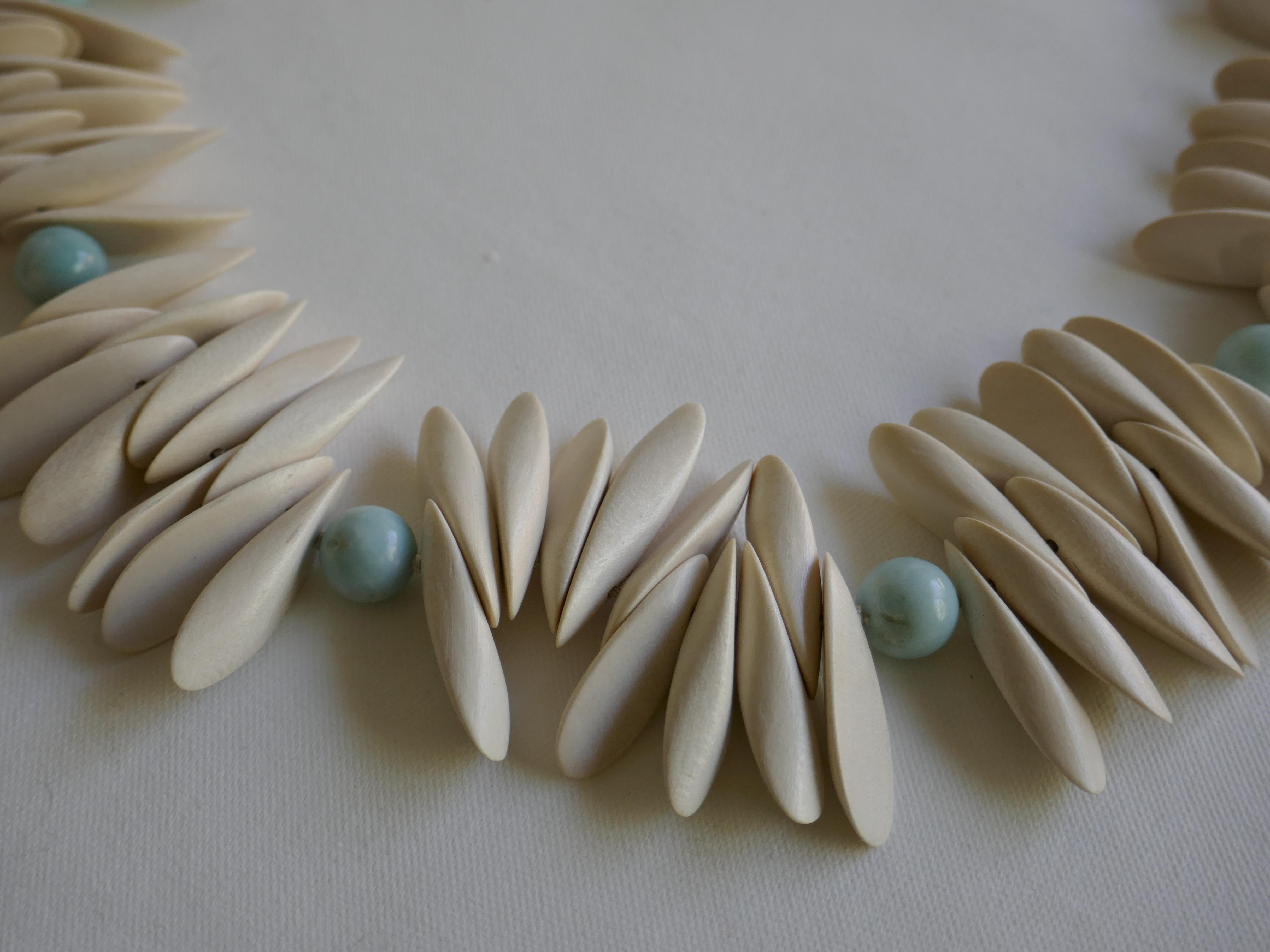 Women's White Panto Wood and Amazonite 925 Sterling Silver Necklace For Sale