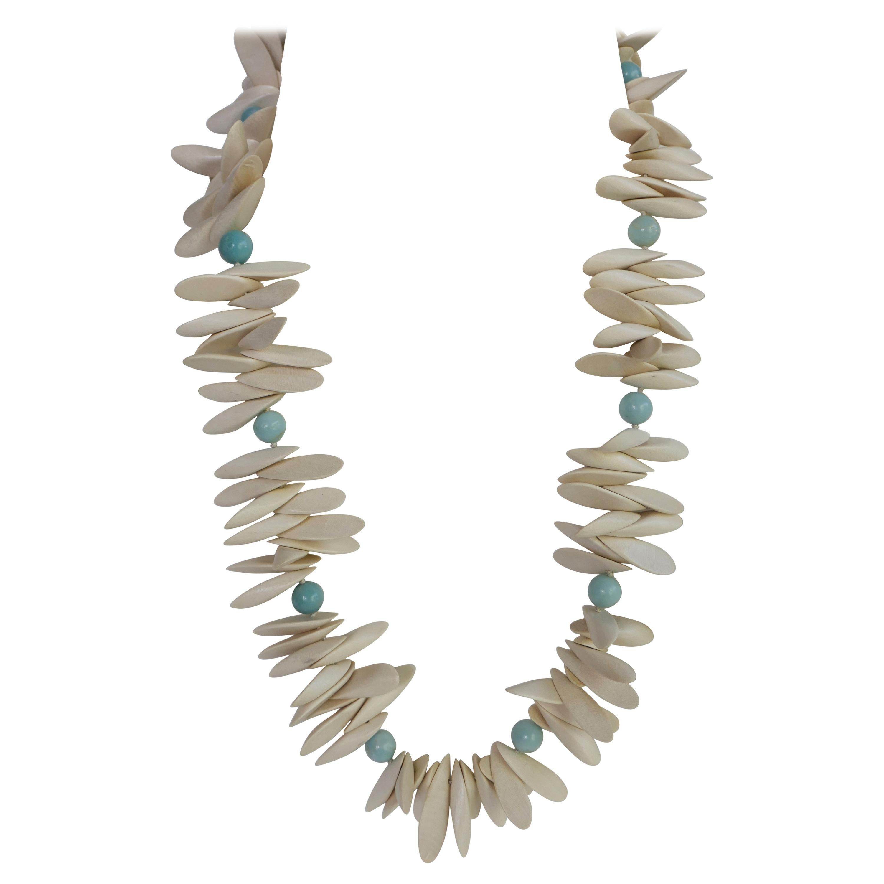 White Panto Wood and Amazonite 925 Sterling Silver Necklace For Sale