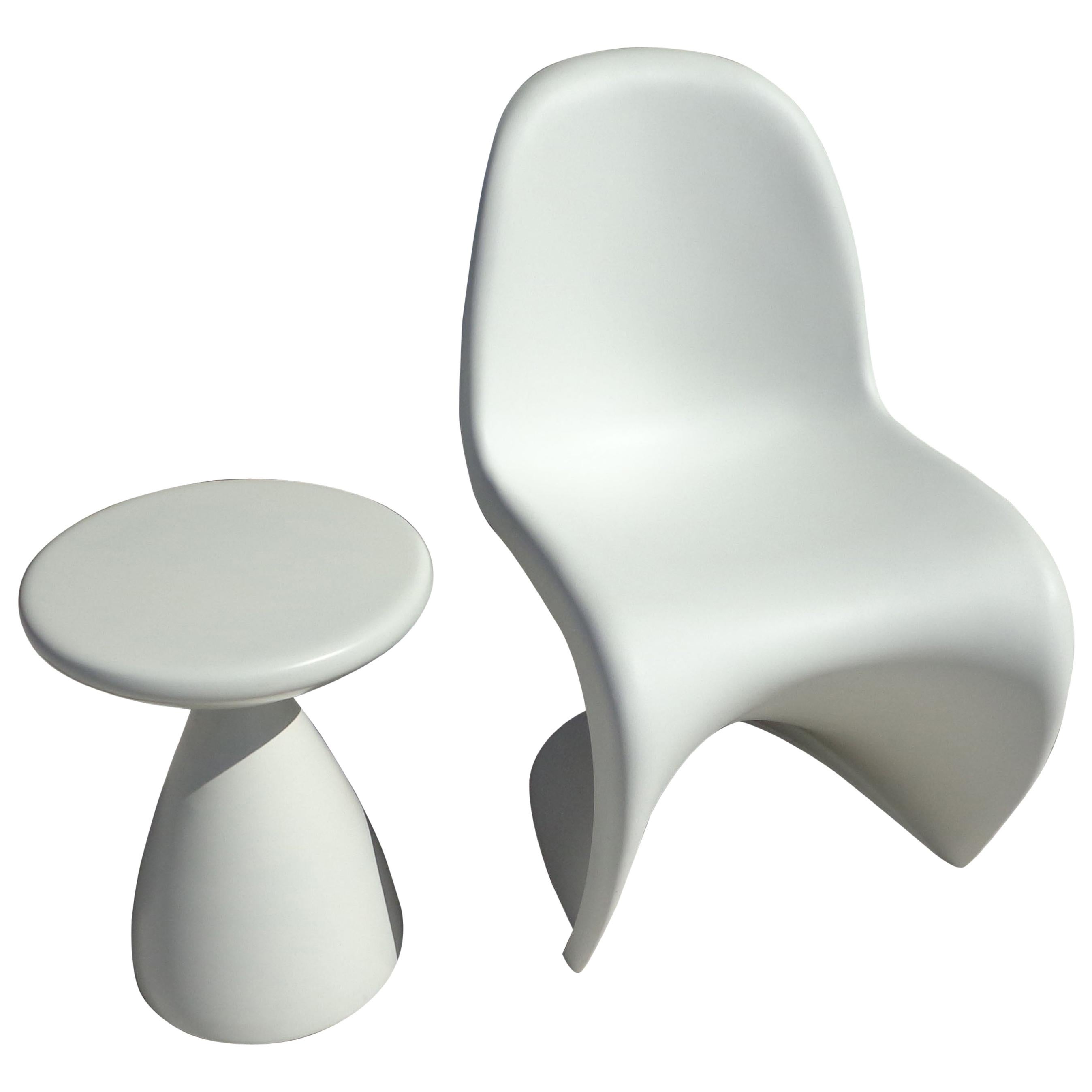 White Panton Chair by Verner Panton for Vitra with Side Stool For Sale