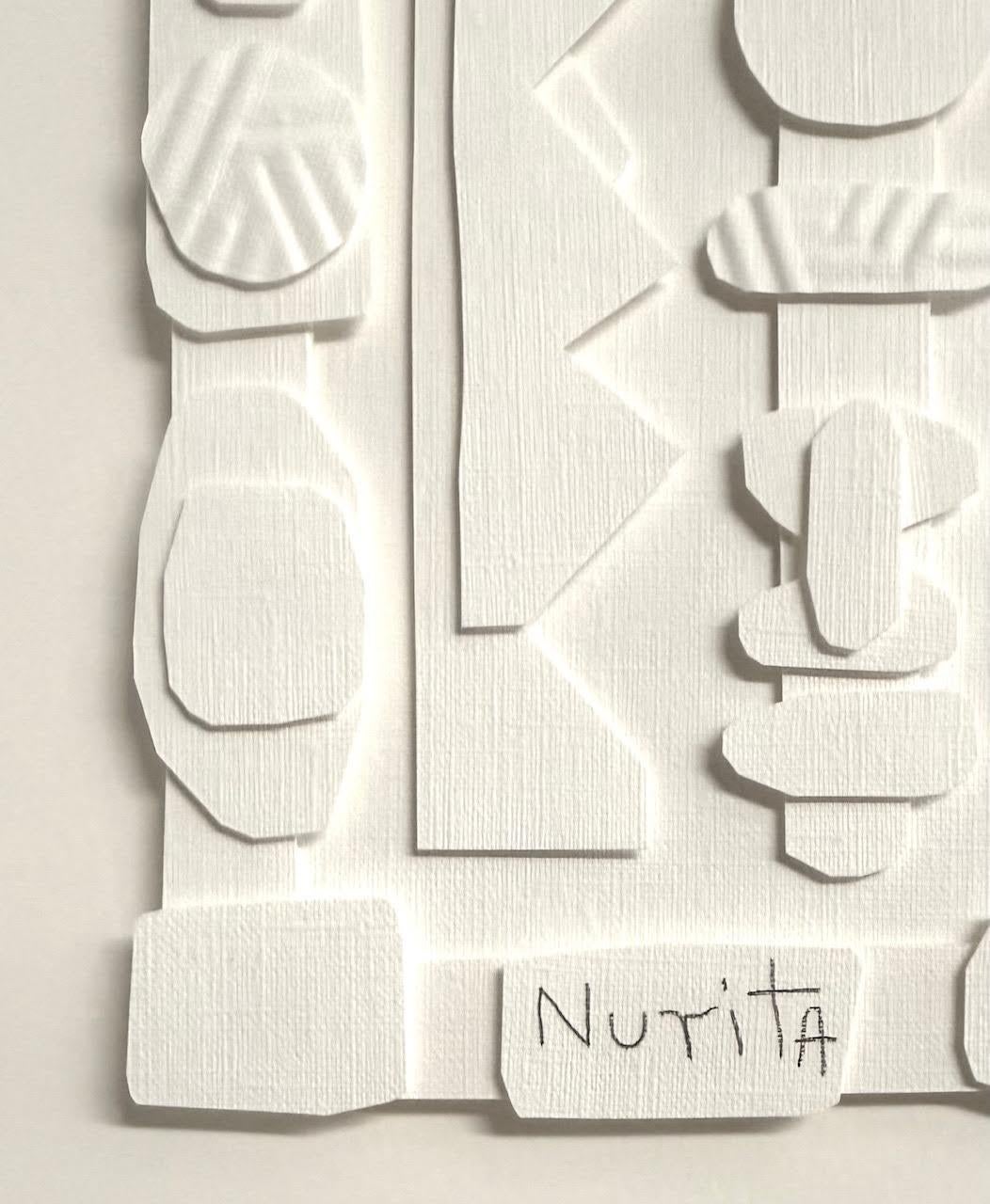 Collage de coupes de papier blanc sur blanc.
Cadre en bois blanc.
L'artiste Nurit Amdur crée des papiers découpés et des collages autour du voyage de la transition et de la transformation de quelque chose en 