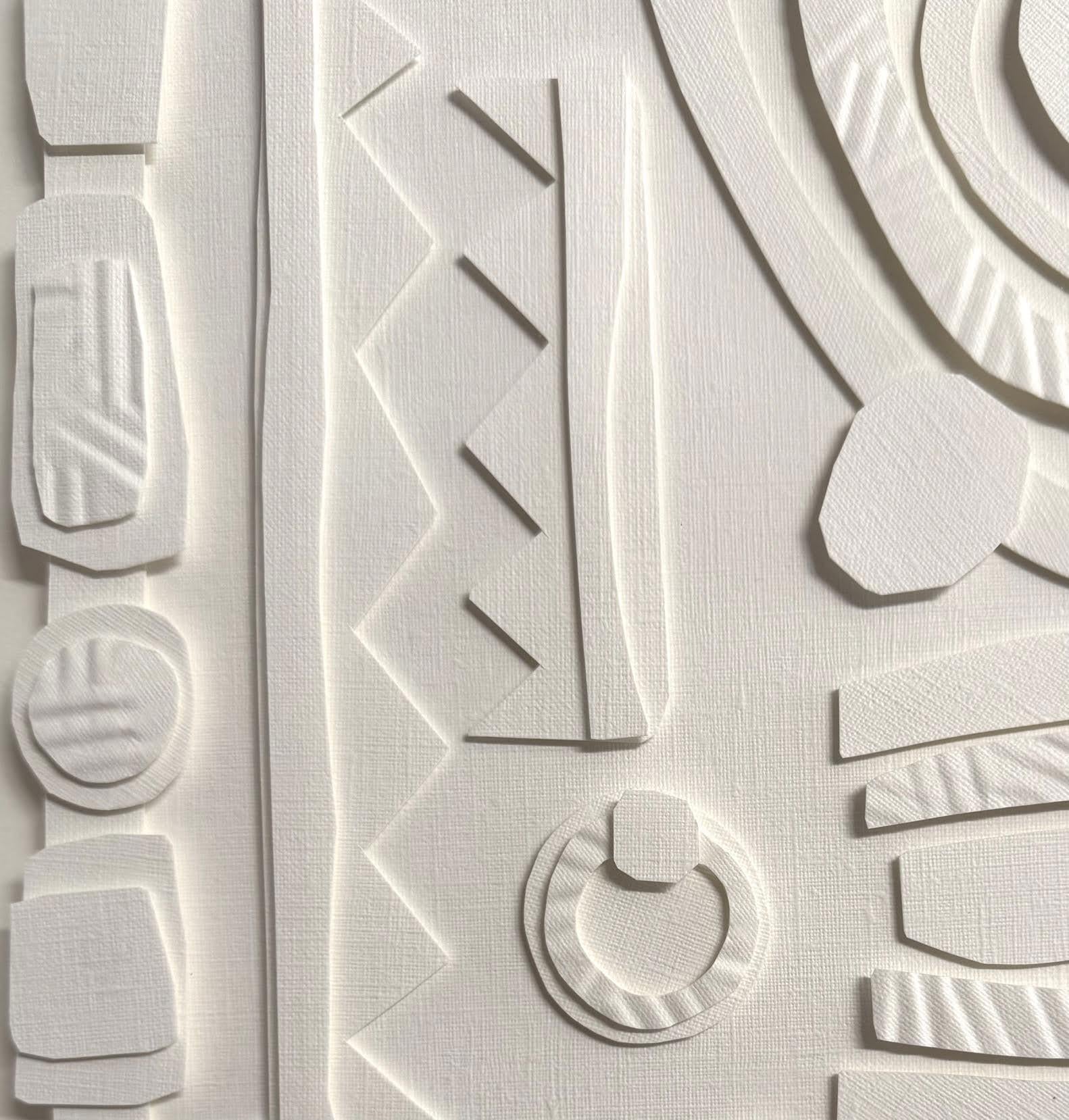 Collage de coupes de papier blanc sur blanc.
Cadre en bois blanc.
L'artiste Nurit Amdur crée des papiers découpés et des collages autour du voyage de la transition et de la transformation de quelque chose en 