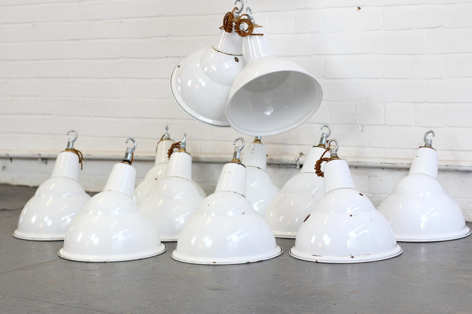 Industrial White Parabolic Factory Lights by Benjamin, circa 1950s
