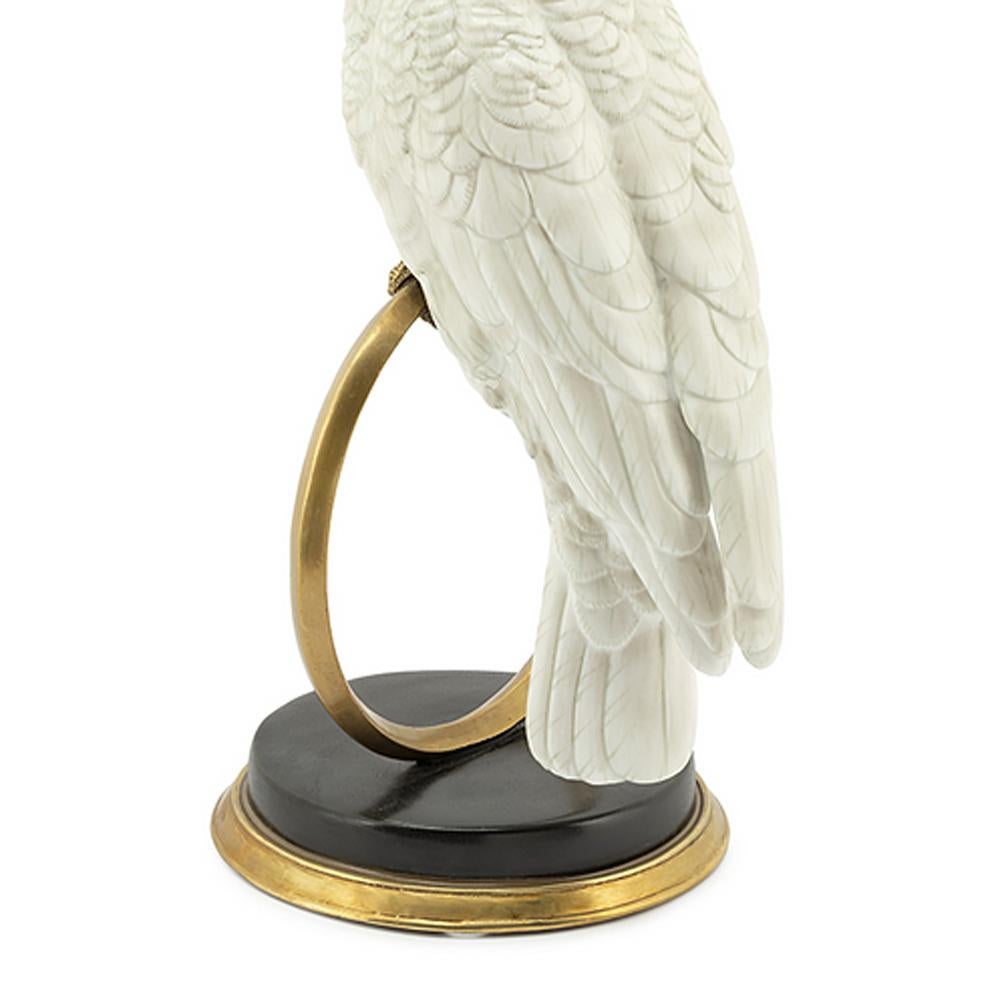 Italian White Parrot on Ring Sculpture in White Porcelain For Sale