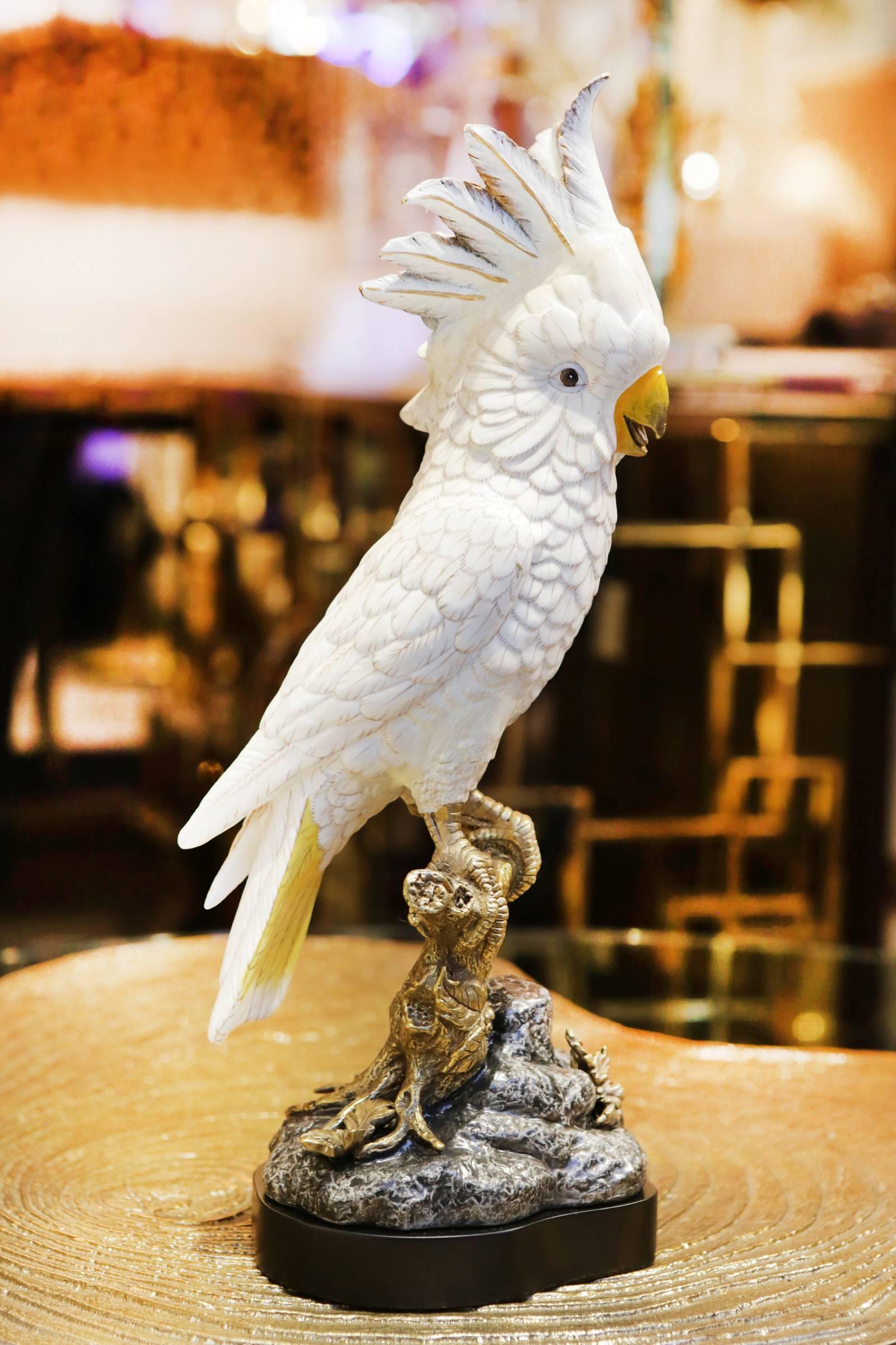 Cast White Parrot Sculpture in Hand-Painted Porcelain and Bronze For Sale