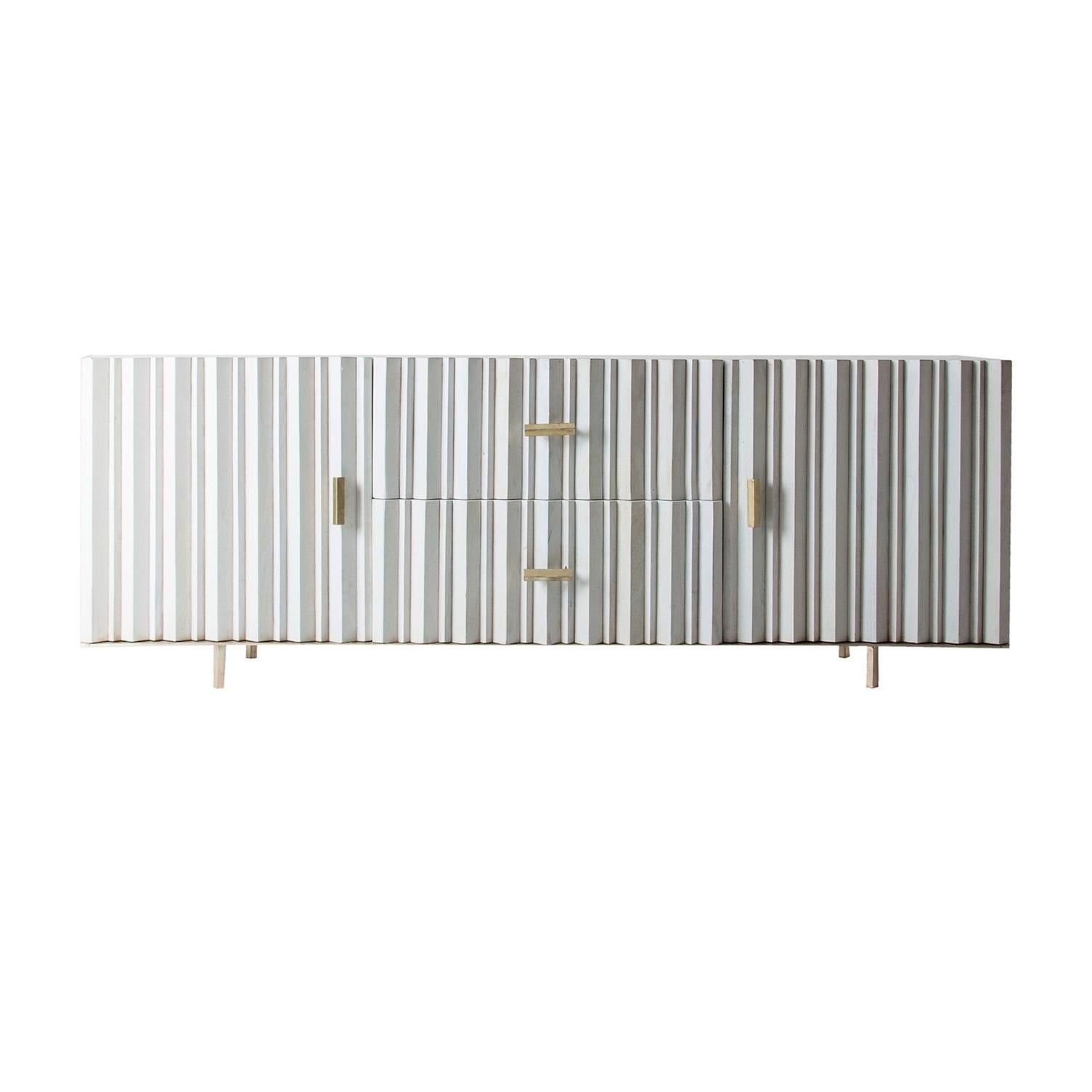 White Patina and gilded metal scandinavian design sideboard with graphic panels doors in Brutalist style shaped opening on shelves and 2 matching drawers in the middle.