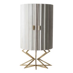 White Patina Wooden and Gilded Metal Feet Round Bar Cabinet