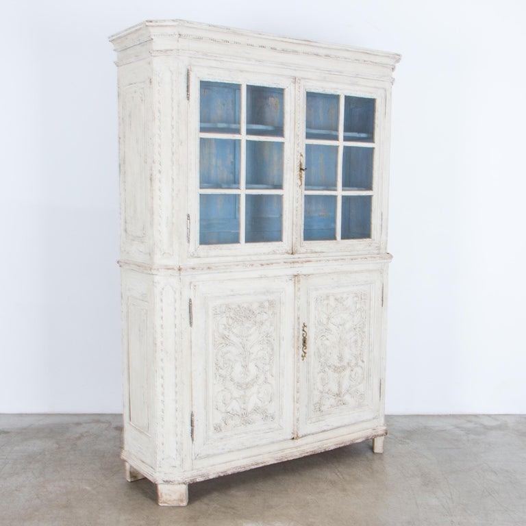 Painted White Patinated China Cabinet For Sale